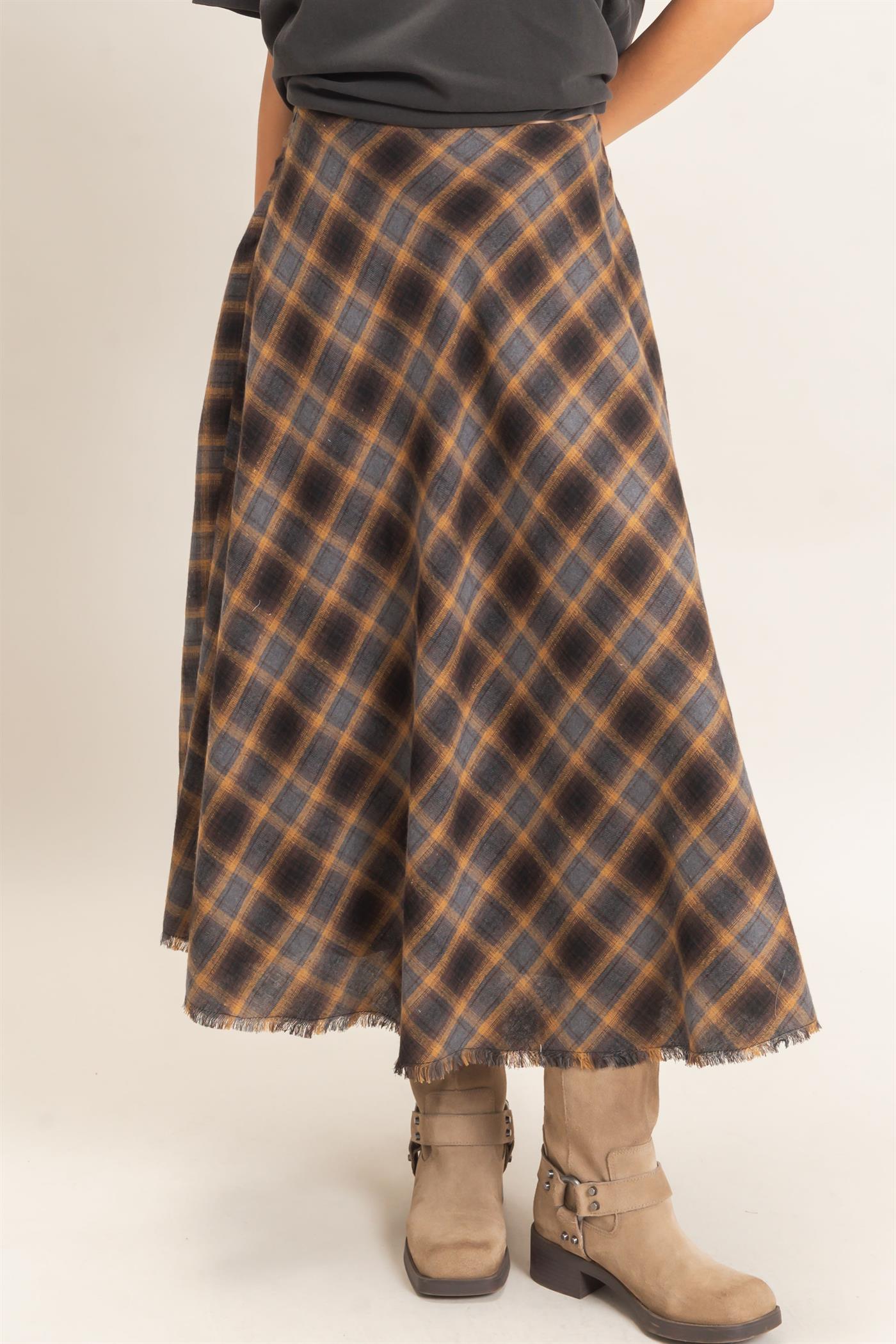 Wholesale A-Line Plaid Frayed Hem Skirt Skirts HF26E972 MUSTARD HYFVE