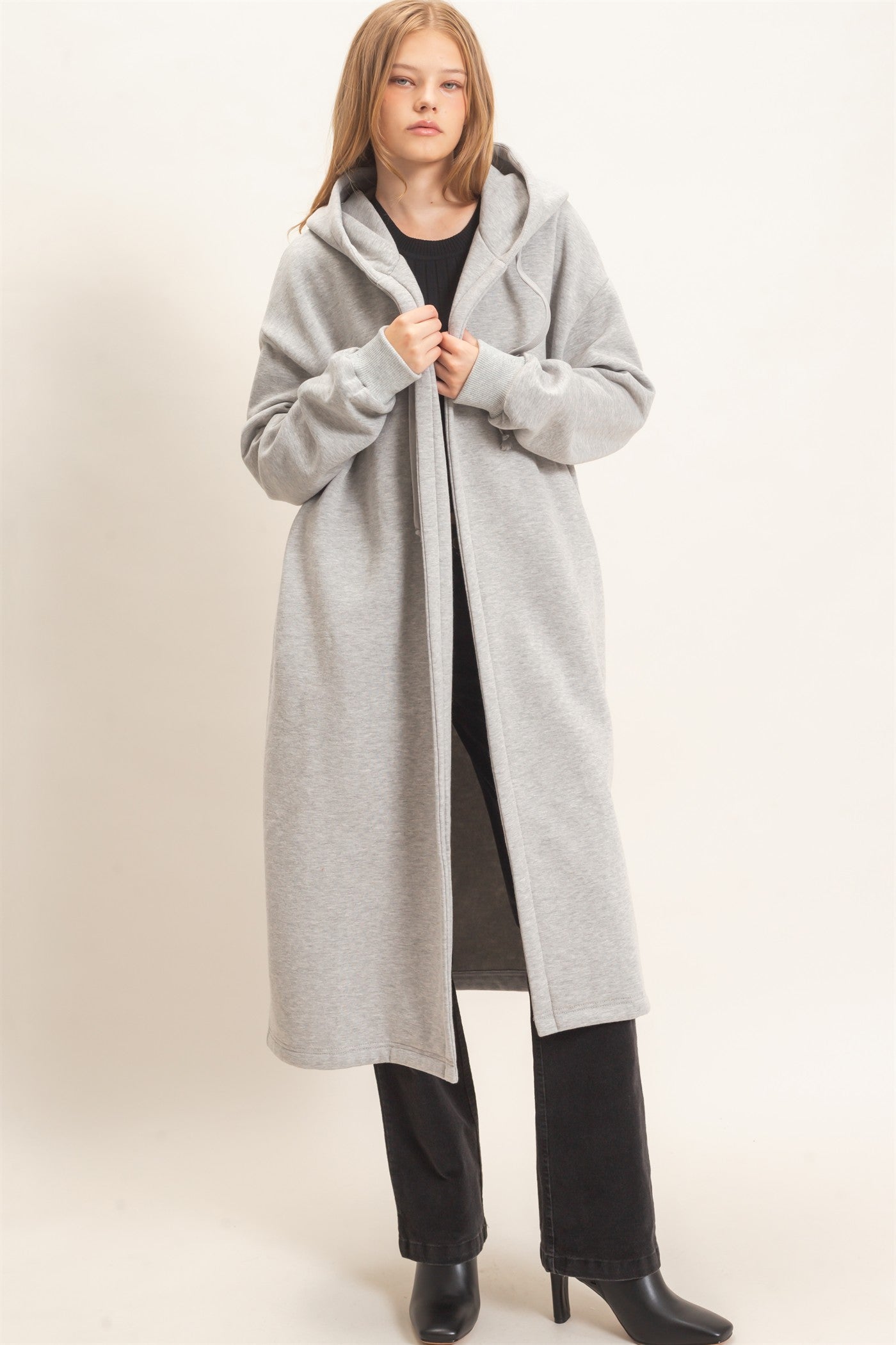 Wholesale Oversized Hooded Open Front Coat Coats & Jackets HF26F142-D H.GRAY HYFVE