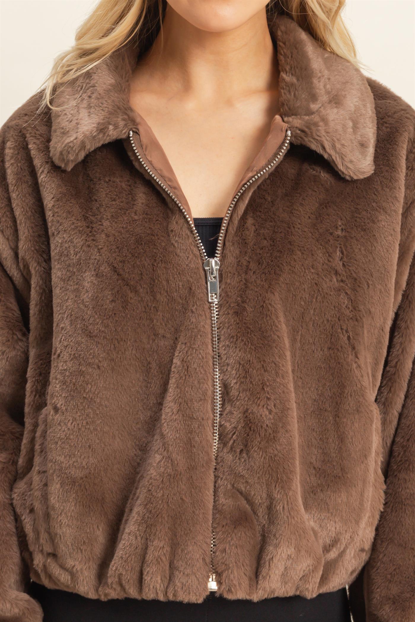Wholesale Faux Fur Zip Up Jacket With Plush Collar Coats & Jackets HF25E940 BROWN HYFVE