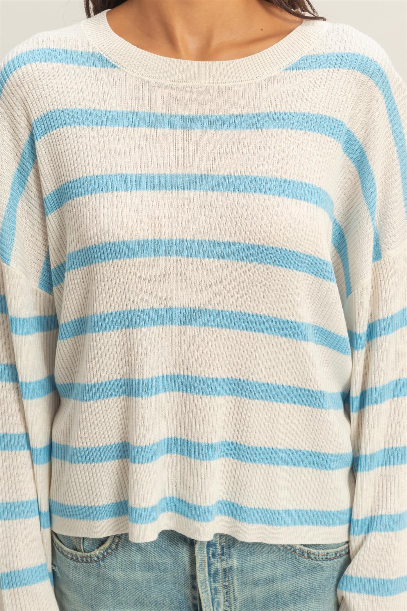 Wholesale Lightweight Wide-Sleeve Striped Sweater Clothing Tops DZ26A329 BLUE DOUBLE ZERO