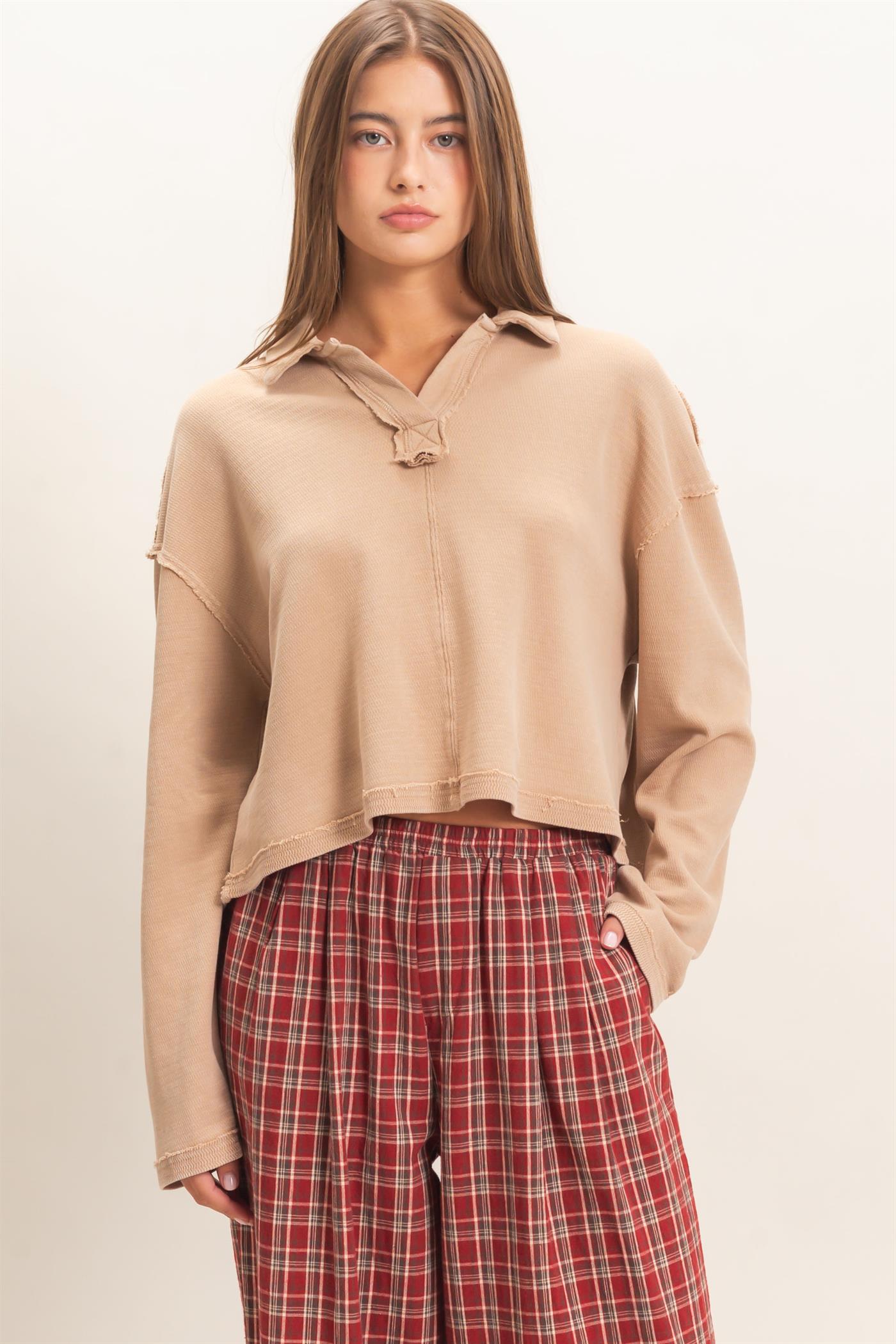 Wholesale Mineral Wash Textured Collar Top Polos DZ26E814 DARK TAUPE DOUBLE ZERO