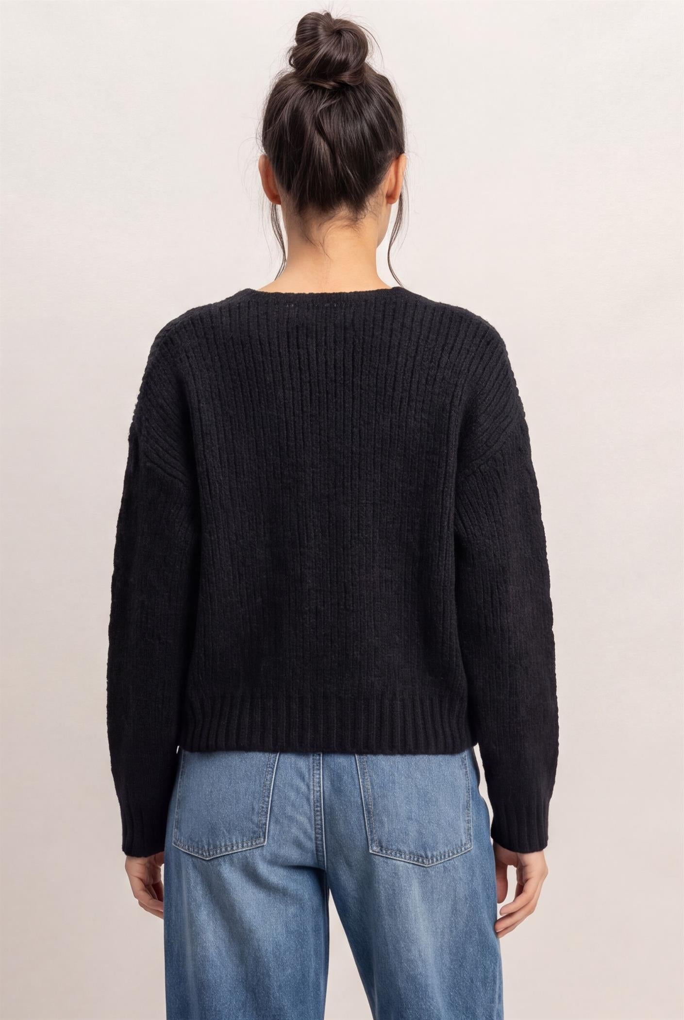 Wholesale Cable Knit V-Neck Sweater Sweaters DZ26E107 BLACK DOUBLE ZERO