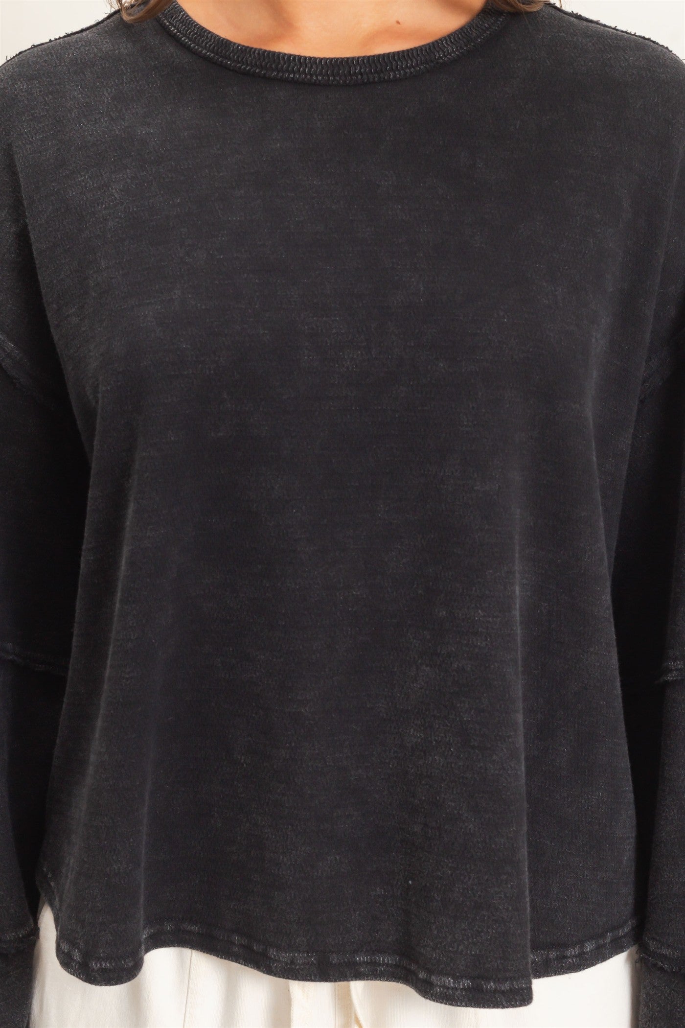 Wholesale Mineral Wash Overzised Raw Edge Crew Neck Top Clothing Tops DZ26E449 BLACK DOUBLE ZERO