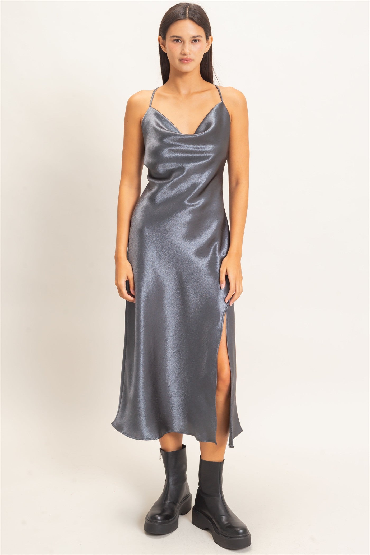 Wholesale Cowl Neck Satin Slip Dress Dresses DZ26E251 DARK GRAY DOUBLE ZERO