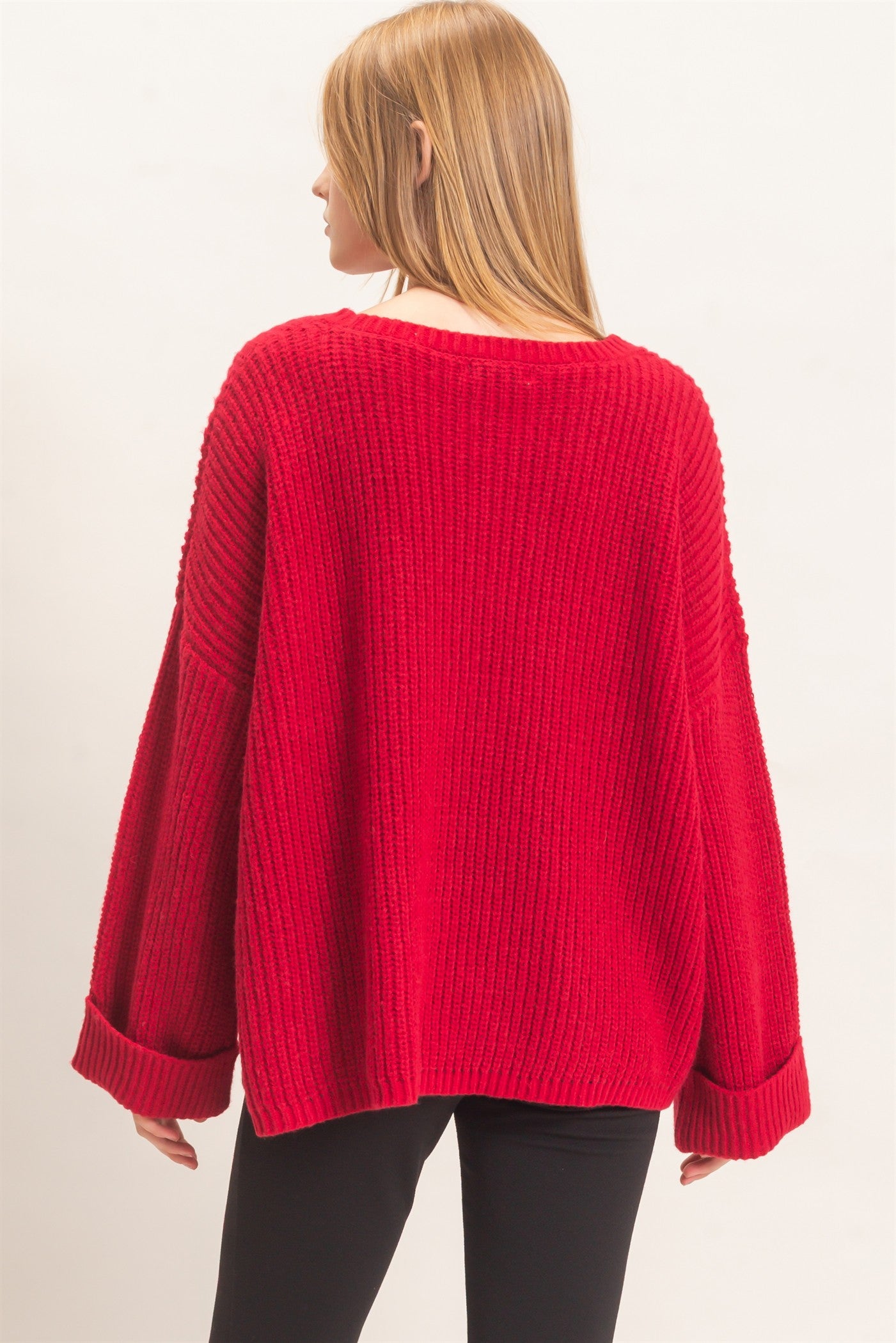 Wholesale Ribbed Knit Patch Pocket Sweater Sweaters HF26F177 BURGUNDY HYFVE