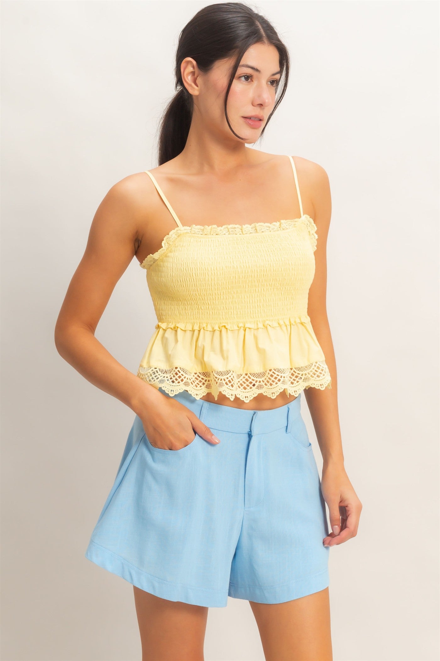 Wholesale Smocked Peplum Top With Lace Trim Clothing Tops HF26C558 YELLOW HYFVE