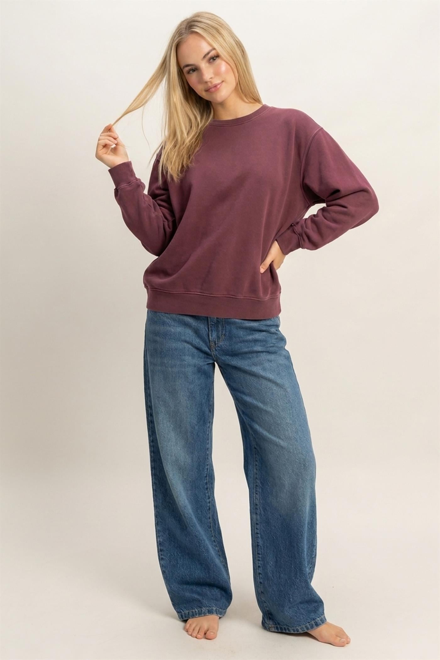 Wholesale Mineral Wash Crew Neck Sweatshirt Sweatshirts DZ26E990 DARK CHERRY DOUBLE ZERO