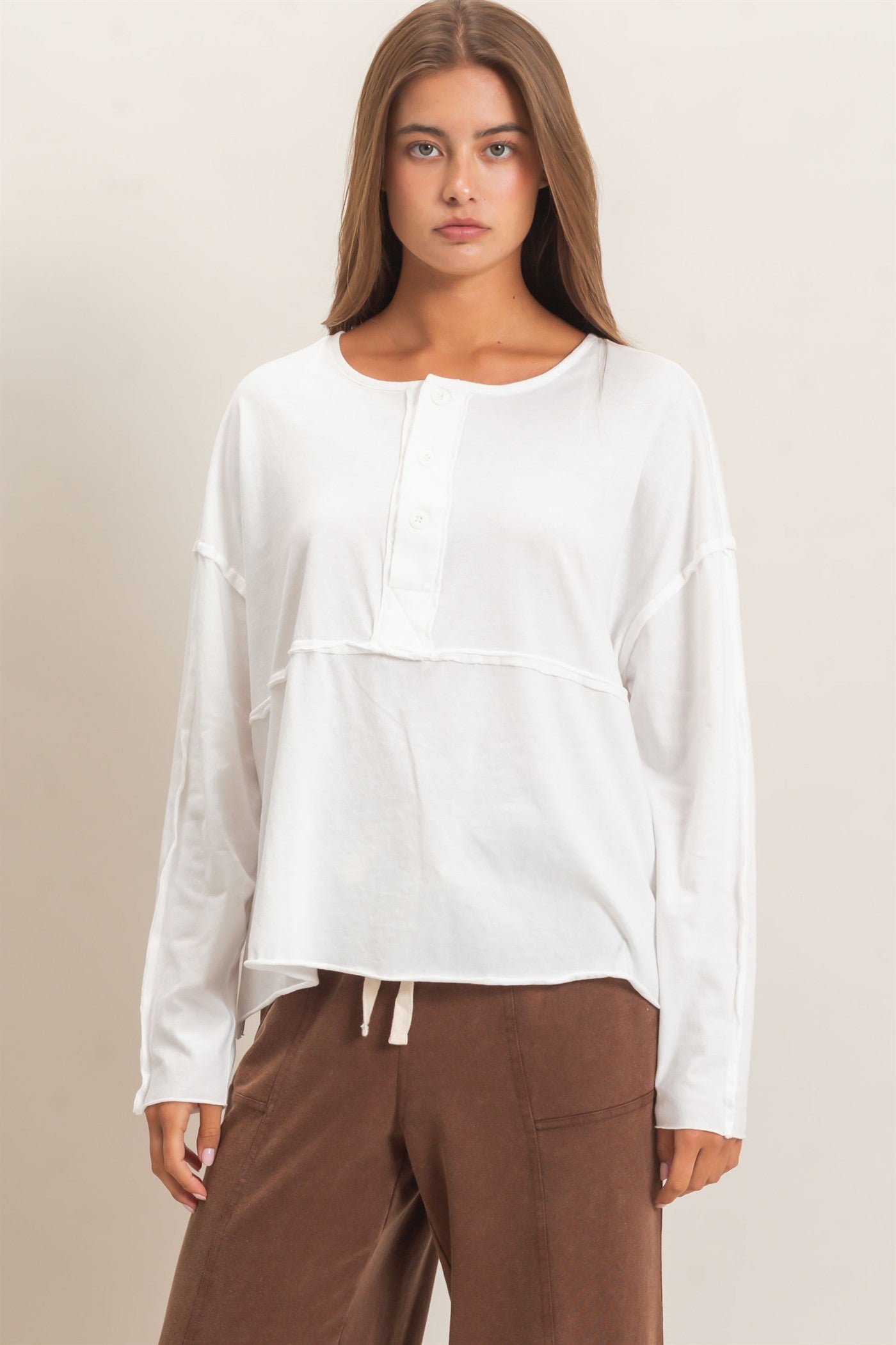 Wholesale Oversized Henley Top With Raw Edges Clothing Tops DZ26F128 WHITE DOUBLE ZERO