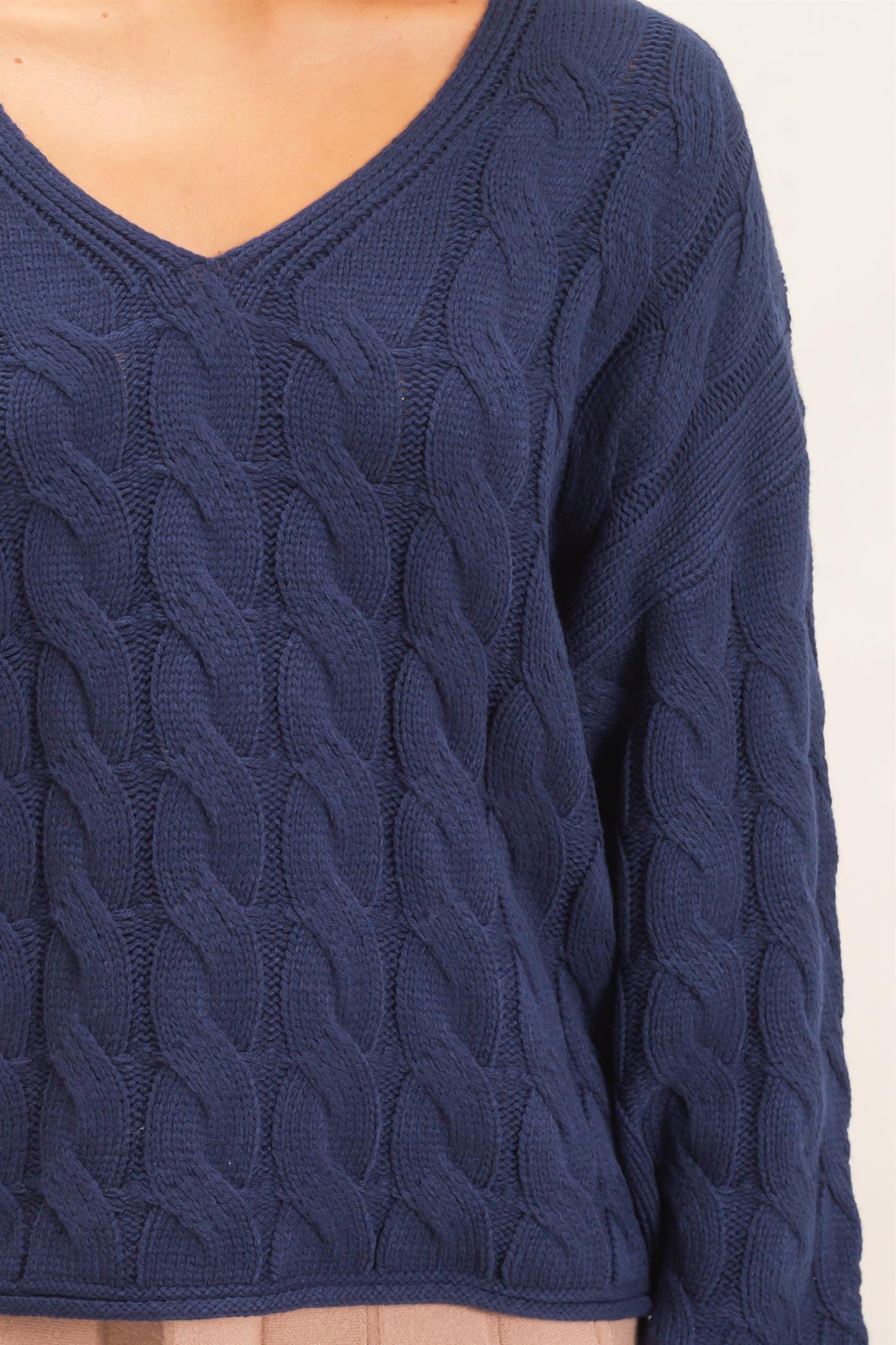 Wholesale Cable Knit V-Neck Sweater Sweaters DZ26E087 NAVY DOUBLE ZERO