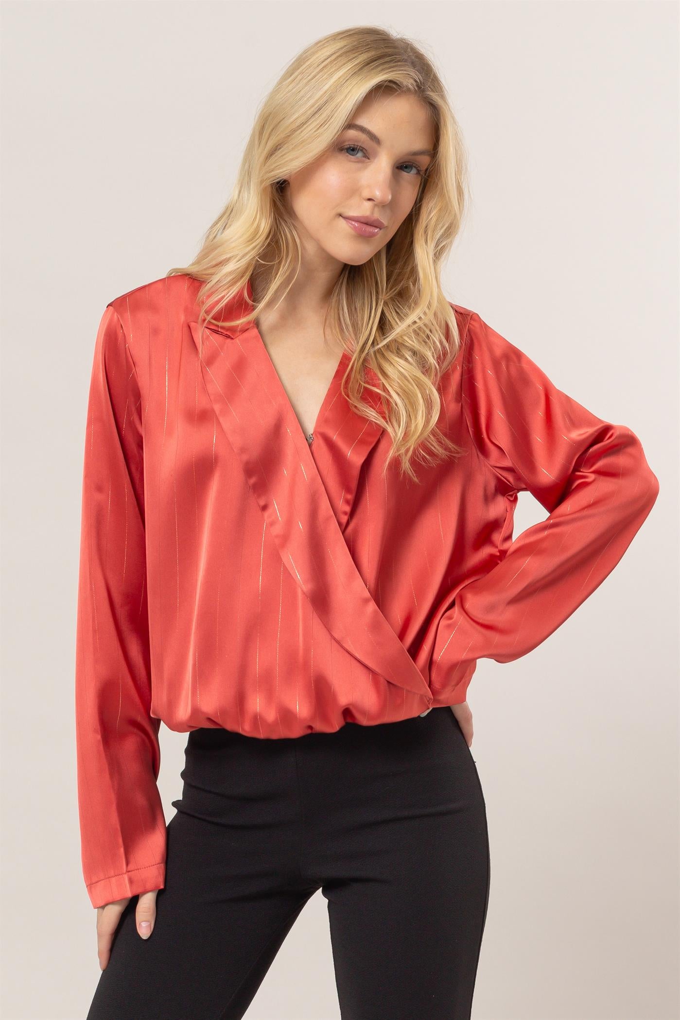 Wholesale Sophisticated Lurex Striped Wrap Blouse Clothing Tops HF25C383 RED HYFVE
