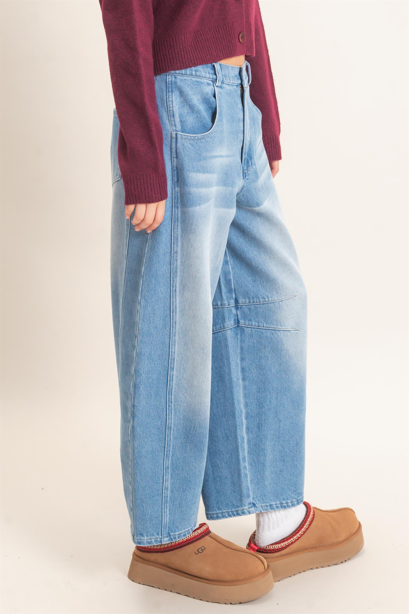 Wholesale Enzyme Wash Barrel Jeans Pants HF26E060 LIGHT BLUE HYFVE