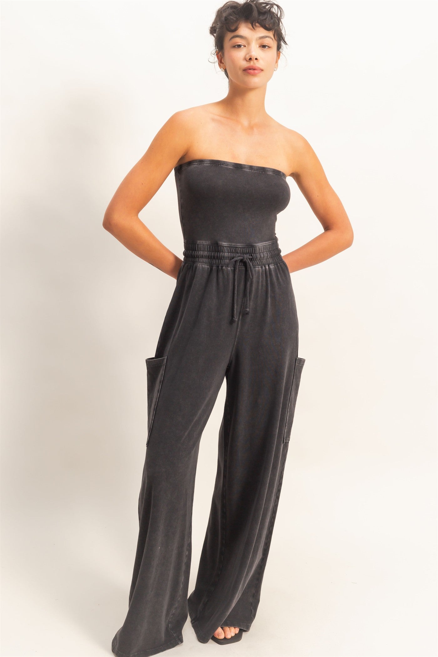 Wholesale Mineral Wash Strapless Wide-Leg Jumpsuit Clothing DZ26C376 BLACK DOUBLE ZERO