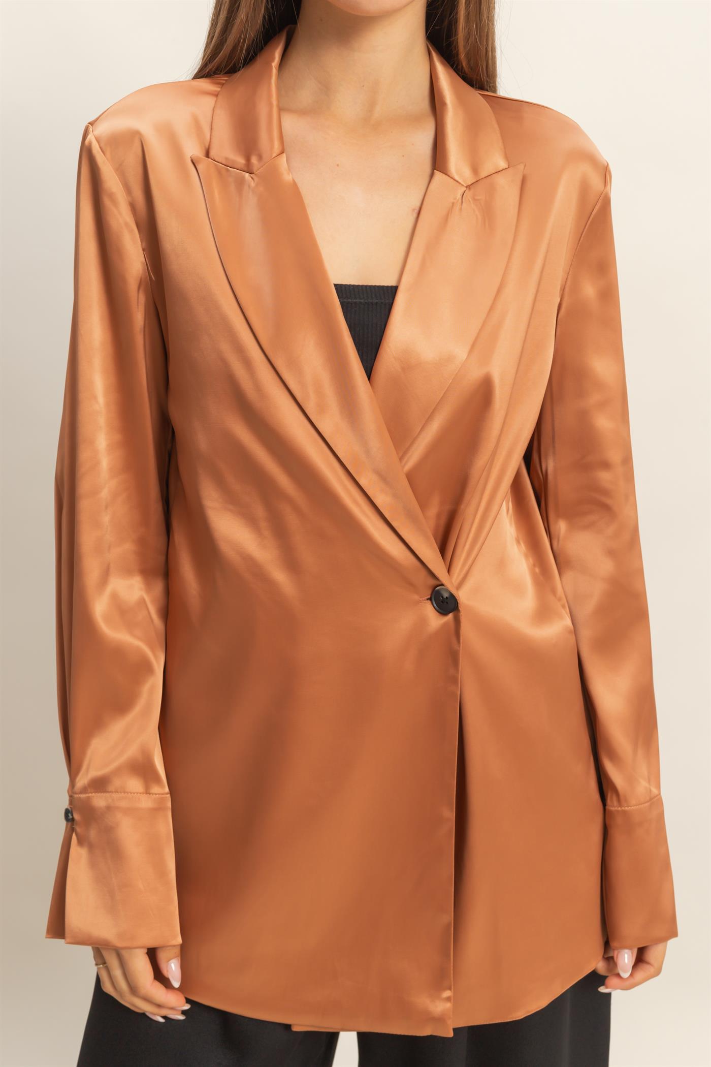 Wholesale Satin Long Sleeve Blazer Coats & Jackets HF23G242 BROWN HYFVE