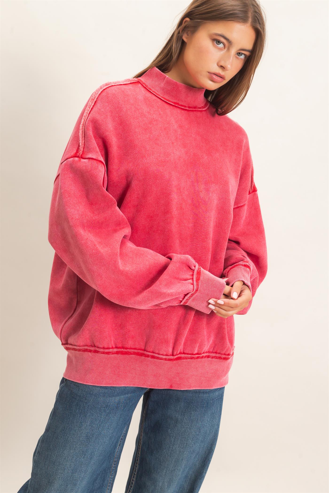 Wholesale Acid Washed Mock Neck Sweatshirt Sweatshirts DZ26E656 RED DOUBLE ZERO