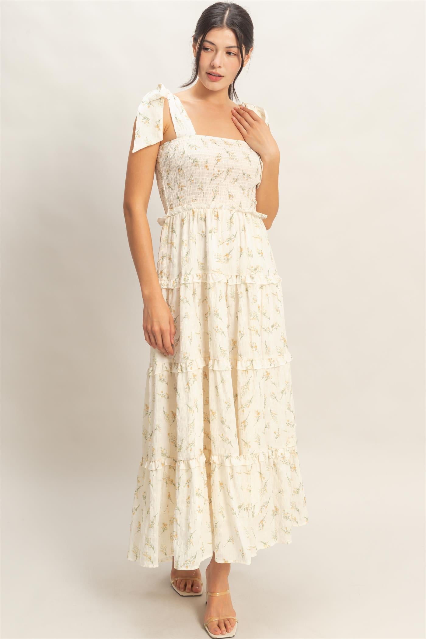 Wholesale Floral Tiered Maxi Dress Dresses HF26A156 YELLOW HYFVE