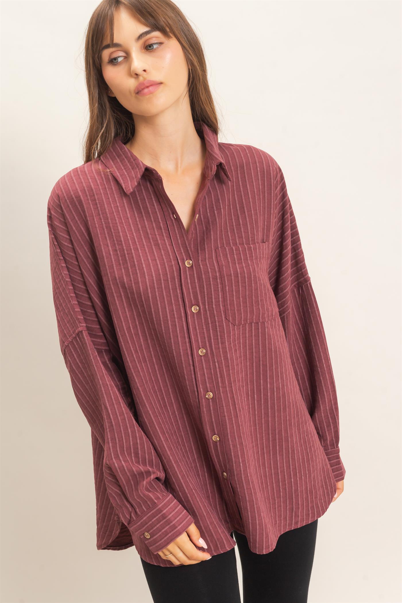 Wholesale Striped Button-Up Shirt Shirts HF26F134 WINE HYFVE