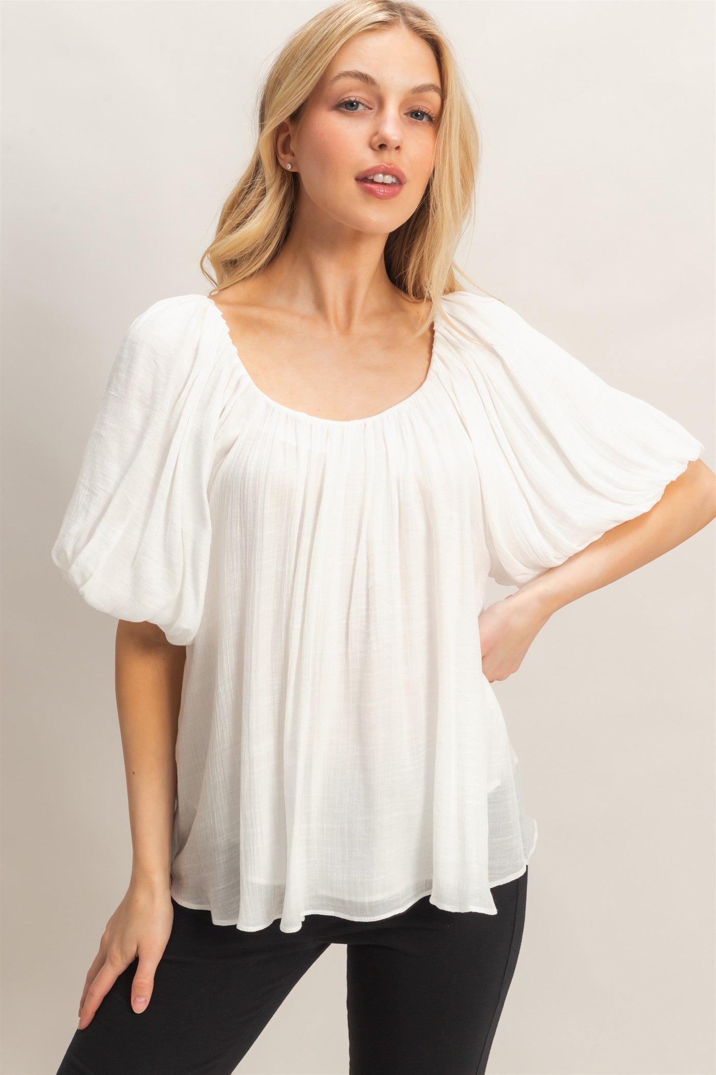 Wholesale Gathered Puff Sleeve Blouse Blouses HF26C307 WHITE HYFVE