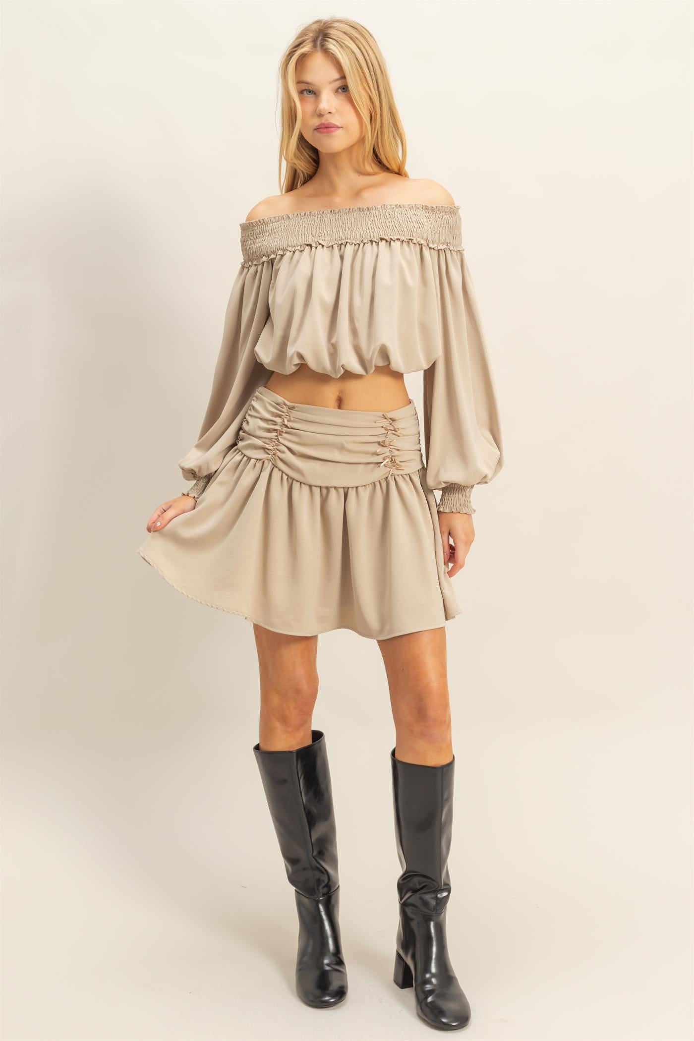 Wholesale Romantic Off Shoulder Top And Gathered Skirt Set Clothing HF25A243-SET BEIGE HYFVE