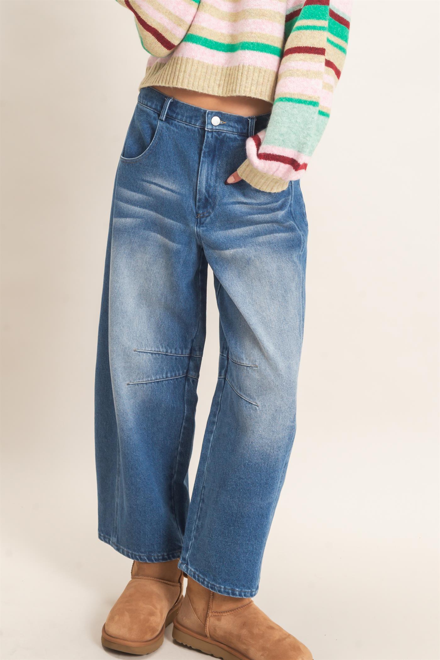 Wholesale Enzyme Wash Barrel Jeans Pants HF26E060 DARK BLUE HYFVE