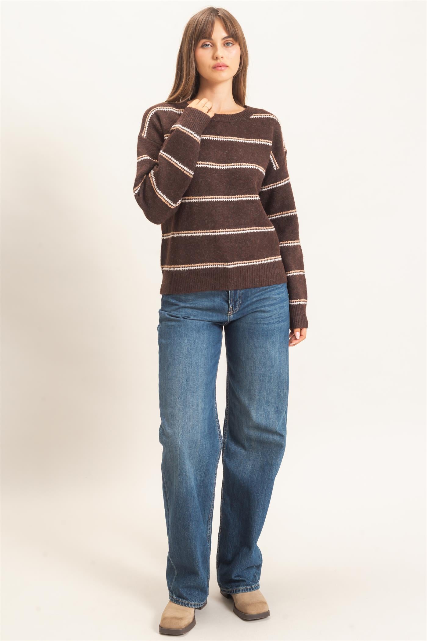 Wholesale Striped Crew Neck Sweater Sweaters HF26E696-D BROWN HYFVE