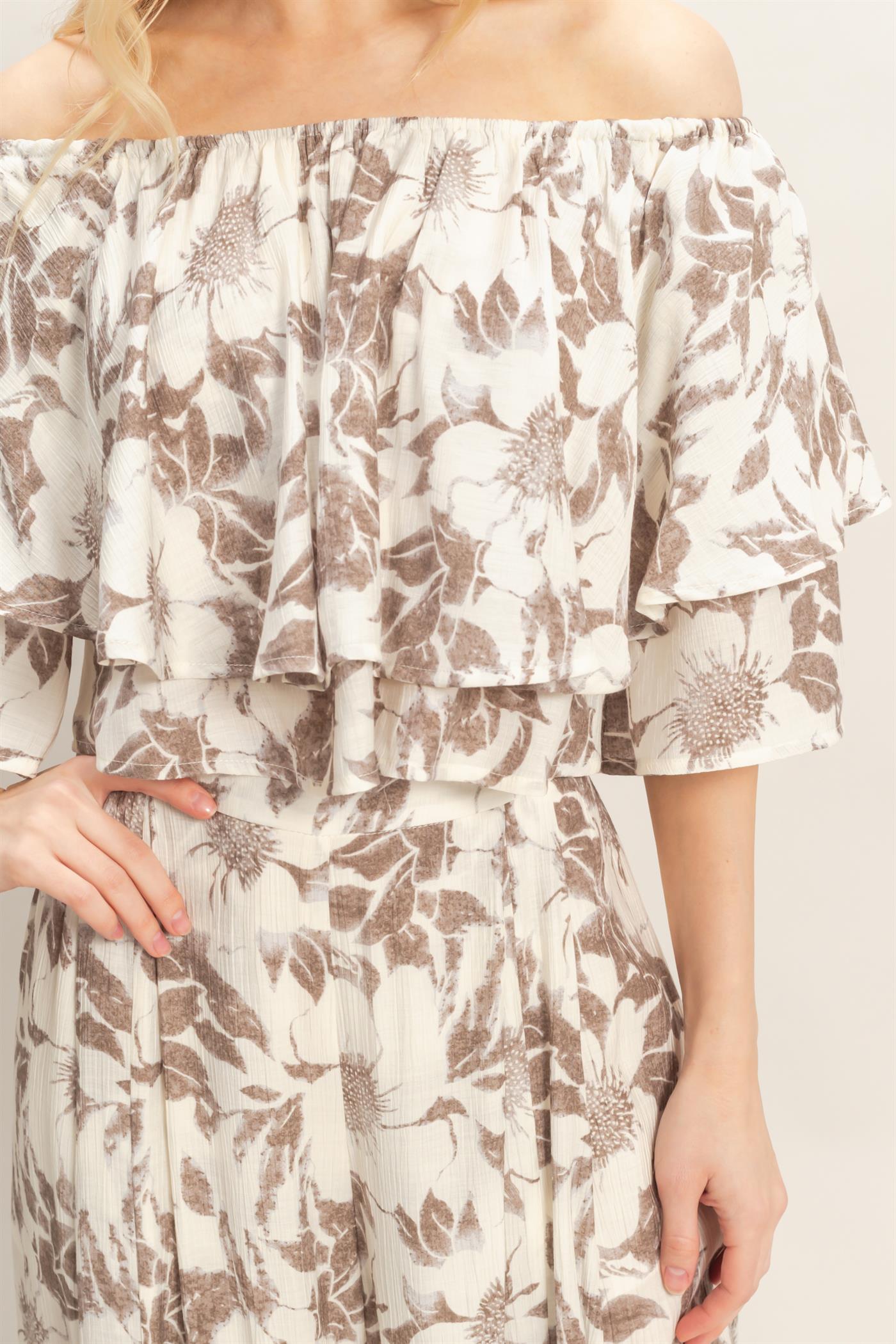 Wholesale Floral Off-Shoulder Top & Pants Set Clothing Tops HF26C832-SET CHARCOAL HYFVE