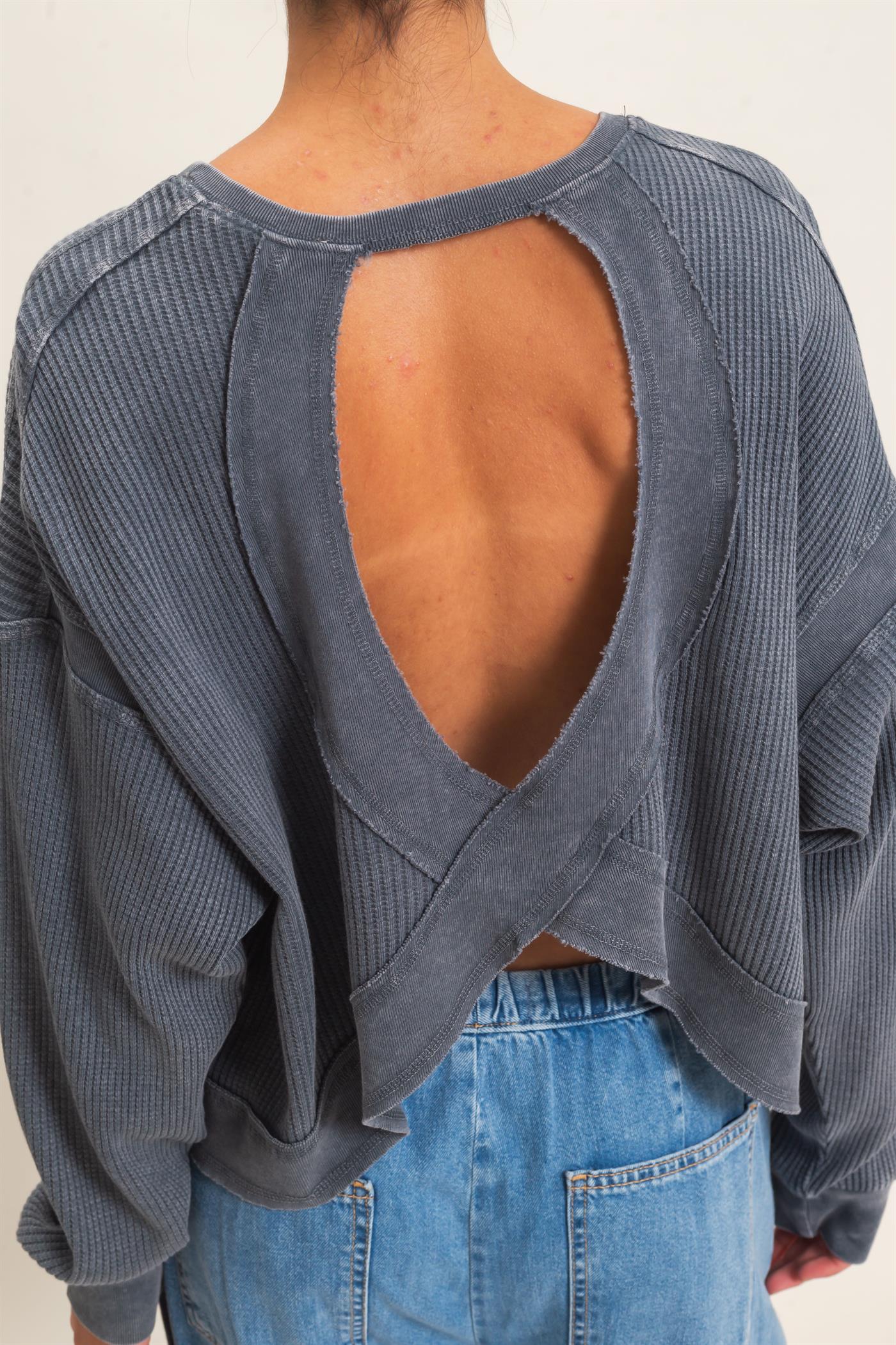Wholesale Mineral Wash Waffle Open Back Top Clothing Tops DZ26C964 DARK GRAY DOUBLE ZERO