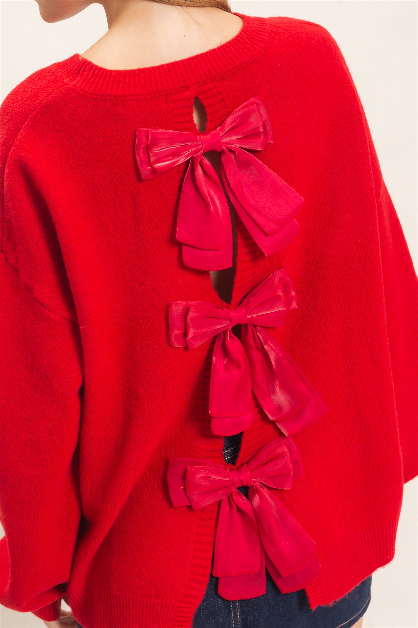 Wholesale Open Back Sweater With Organza Bows Sweaters HF26F149 RED HYFVE