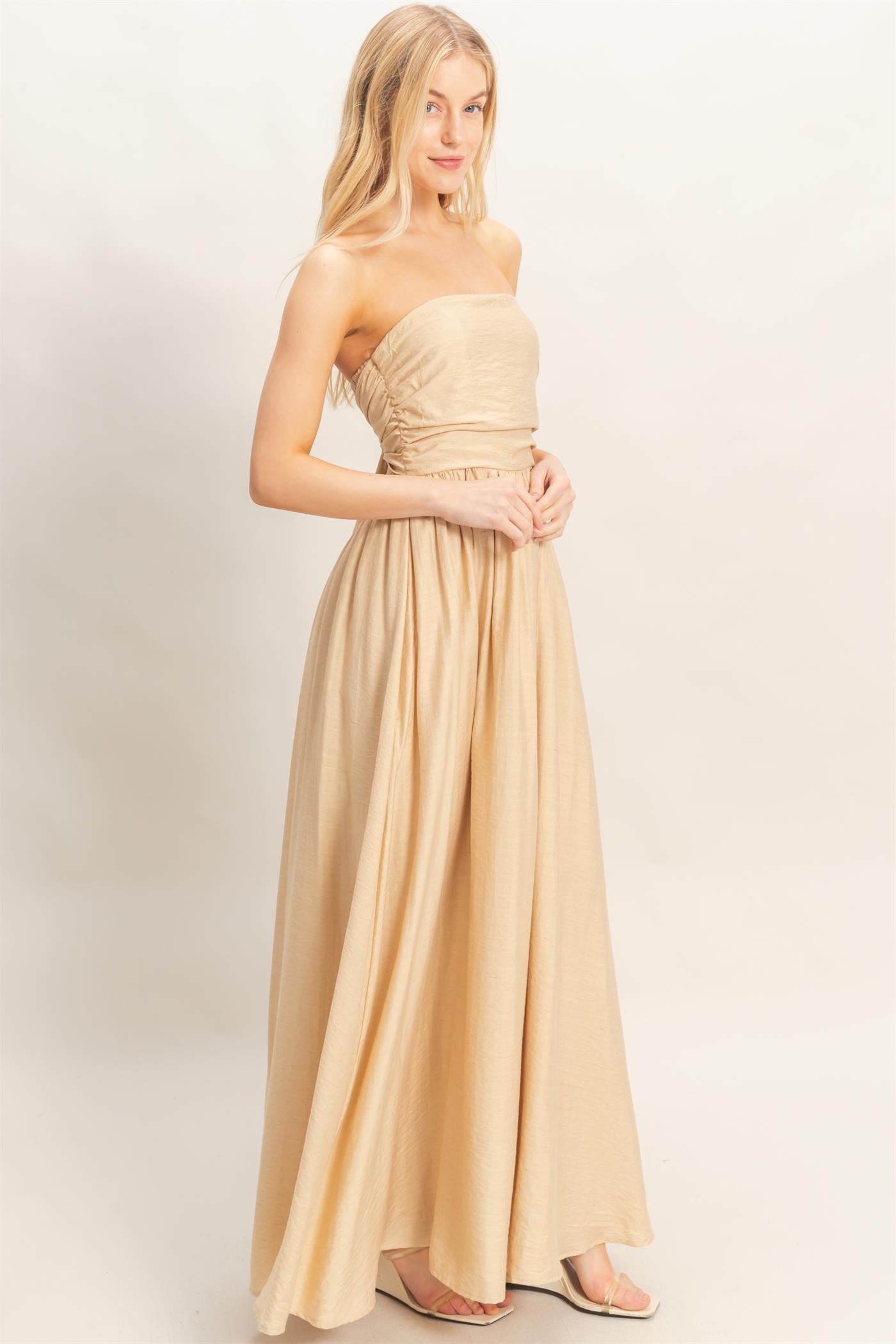 Wholesale Strapless Tie-Back Smocked Dress Dresses HF26C750 LIGHT BEIGE HYFVE