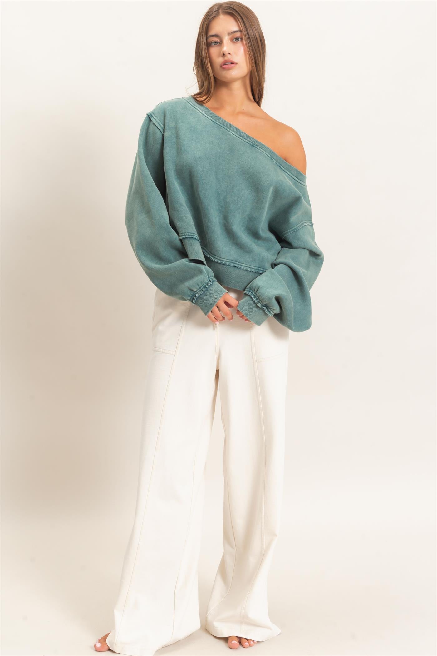 Wholesale Raw Edge Acid Wash Off The Shoulder Sweatshirt Sweatshirts DZ26F013 DARK TEAL DOUBLE ZERO