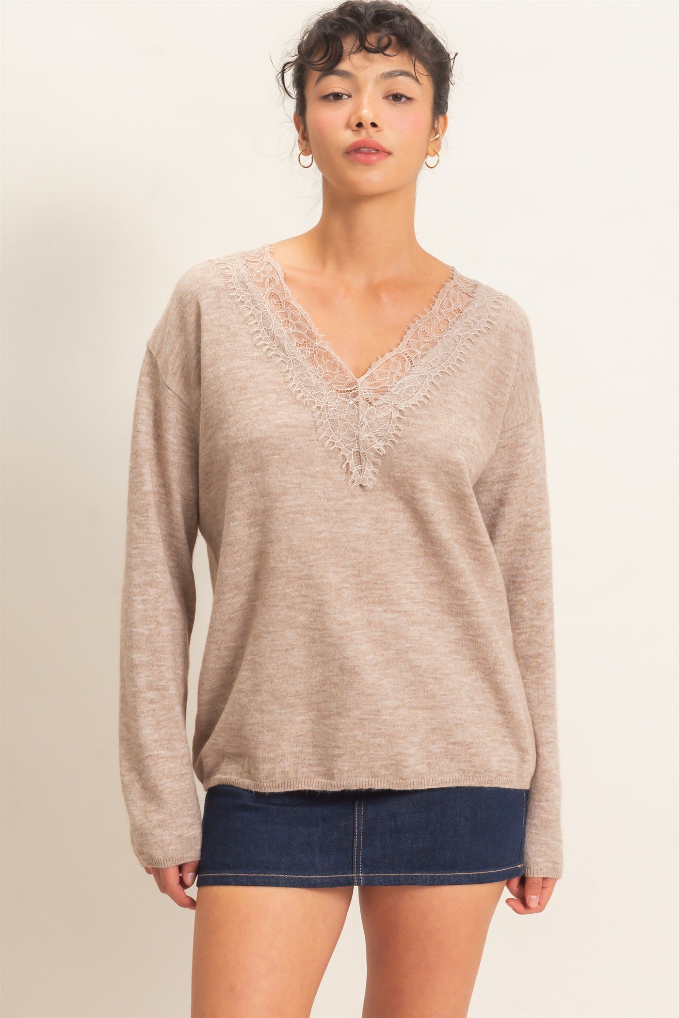 Wholesale Lace Trim V-Neck Sweater Sweaters DZ26E327 TAUPE DOUBLE ZERO