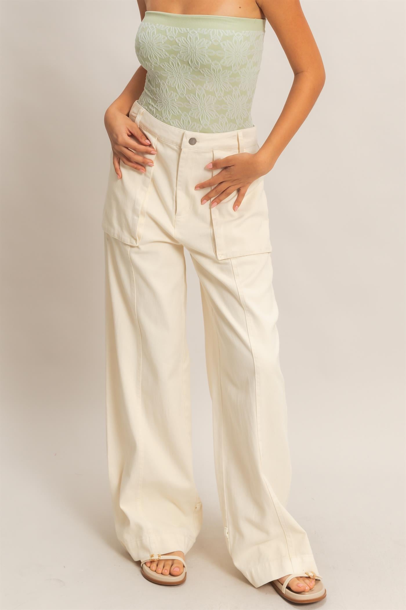 Wholesale High Rise Cargo Pants With Ankle Ties Pants DZ24C156 CREAM DOUBLE ZERO