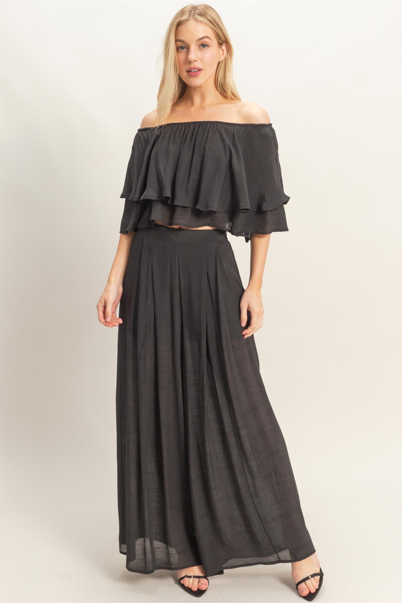 Wholesale Off Shoulder Top & Pleated Pant Set Clothing HF26C291-SET-D BLACK HYFVE