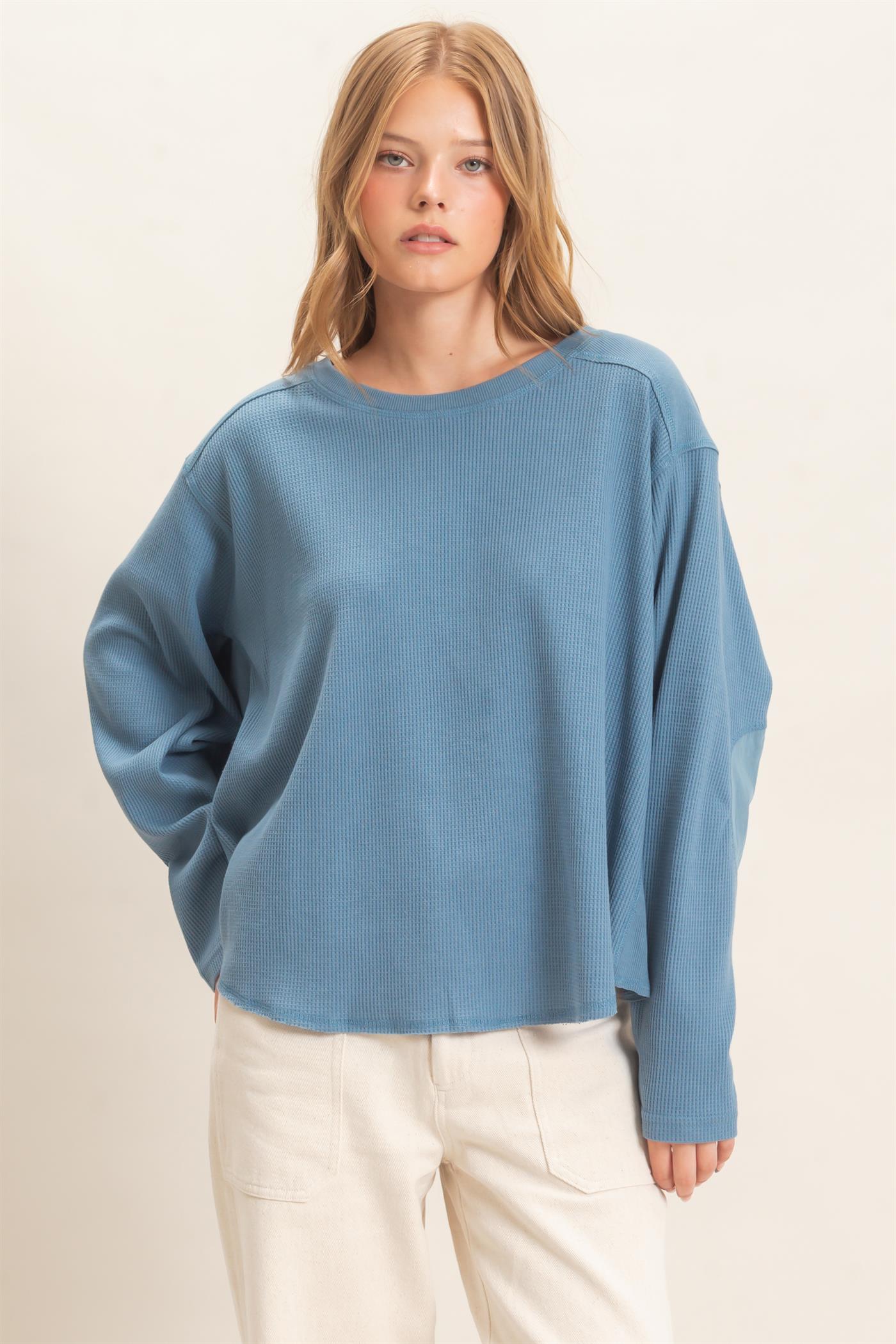 Wholesale Waffle Knit Crew Neck Top Clothing Tops HF26E078 BLUE HYFVE