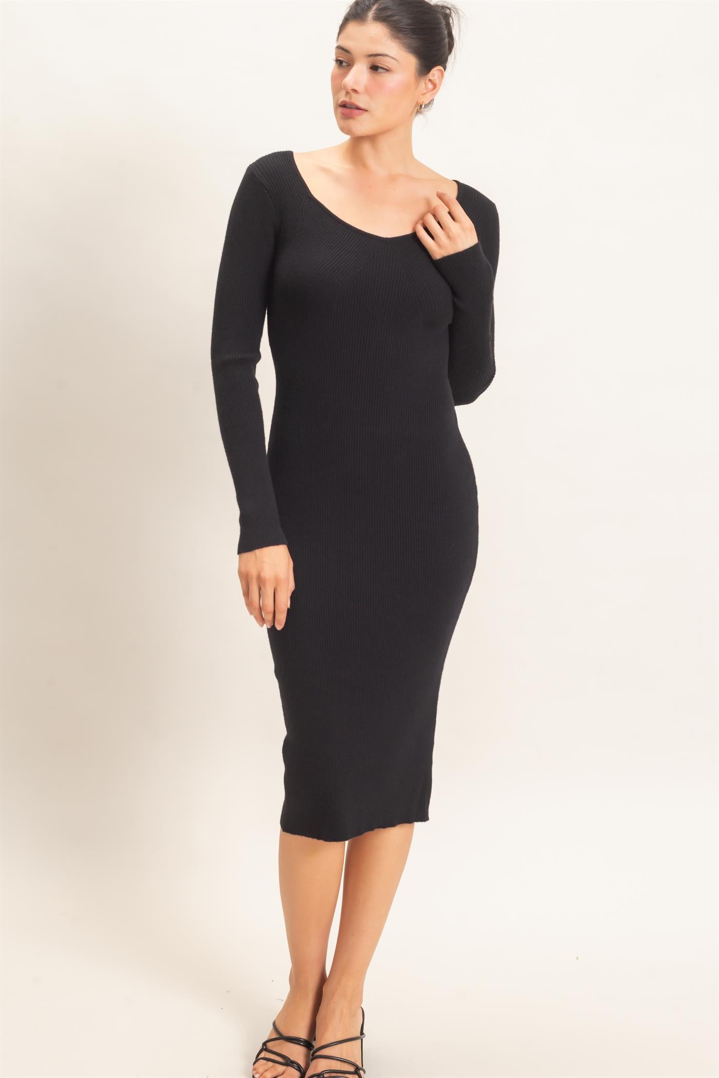 Wholesale Ribbed V-Neck Long Sleeve Dress Dresses HF26E217 BLACK HYFVE