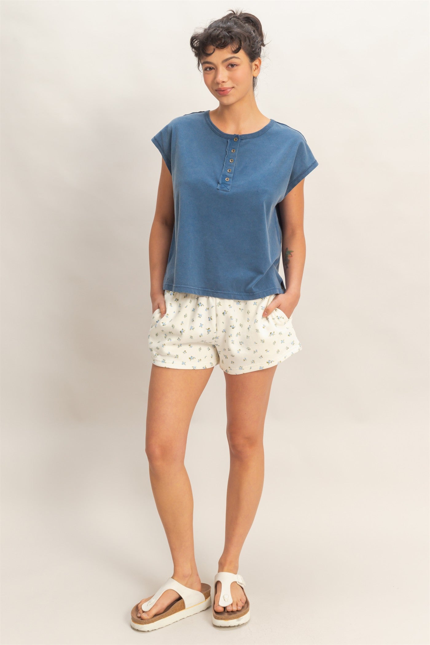 Wholesale Henley Neck Cap Sleeve Top Clothing Tops DZ26E279 NAVY DOUBLE ZERO