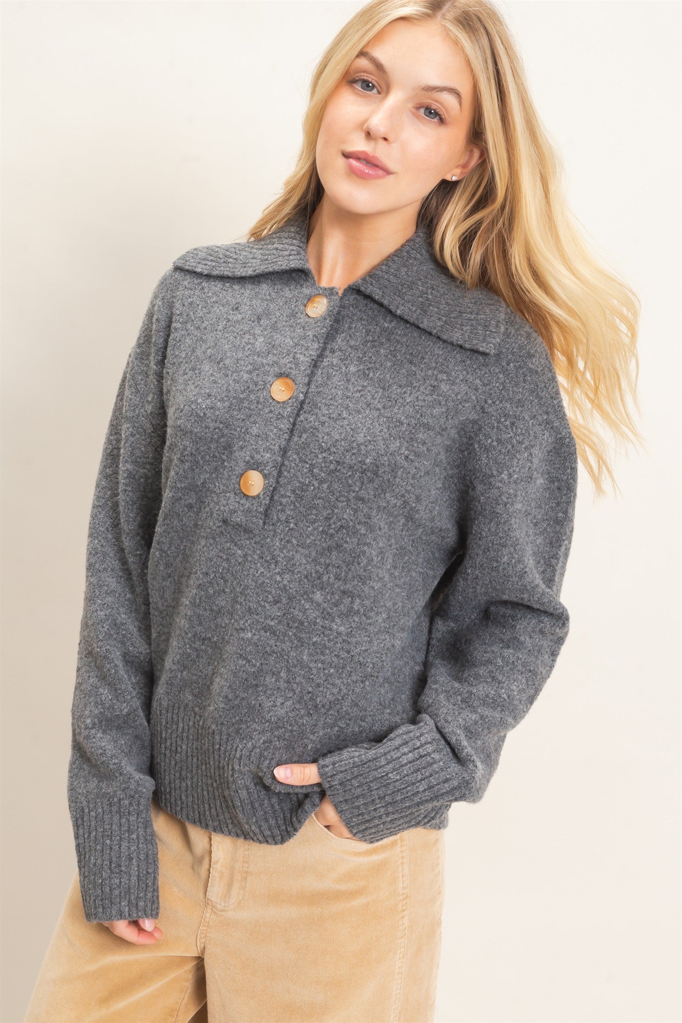 Wholesale Button-Up Collared Sweater Sweaters HF26E752 GRAY HYFVE