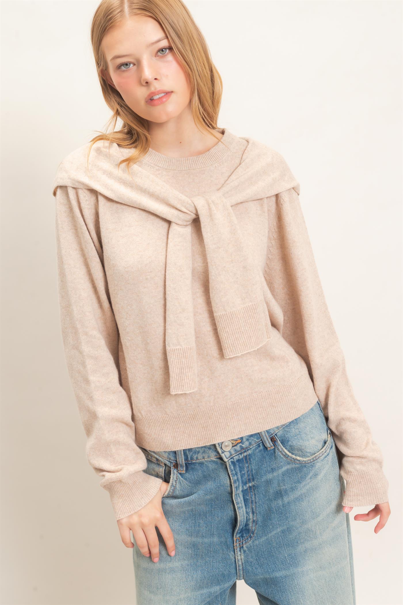 Wholesale Crew Neck Sweater With Faux Wrap Sweaters HF26E698 BEIGE HYFVE