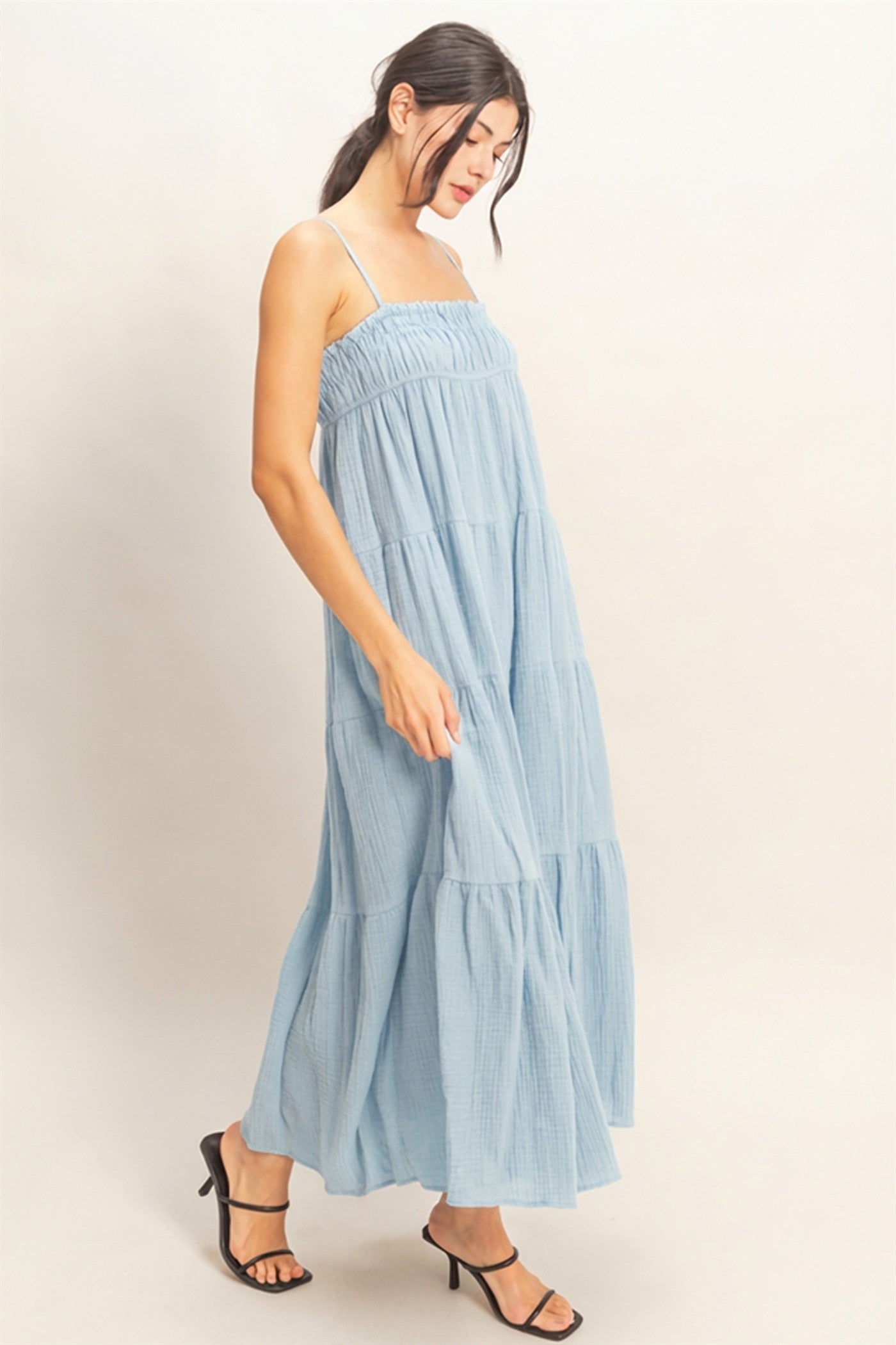 Wholesale Smocked Tiered Maxi Dress Dresses HF26C303 LIGHT BLUE HYFVE