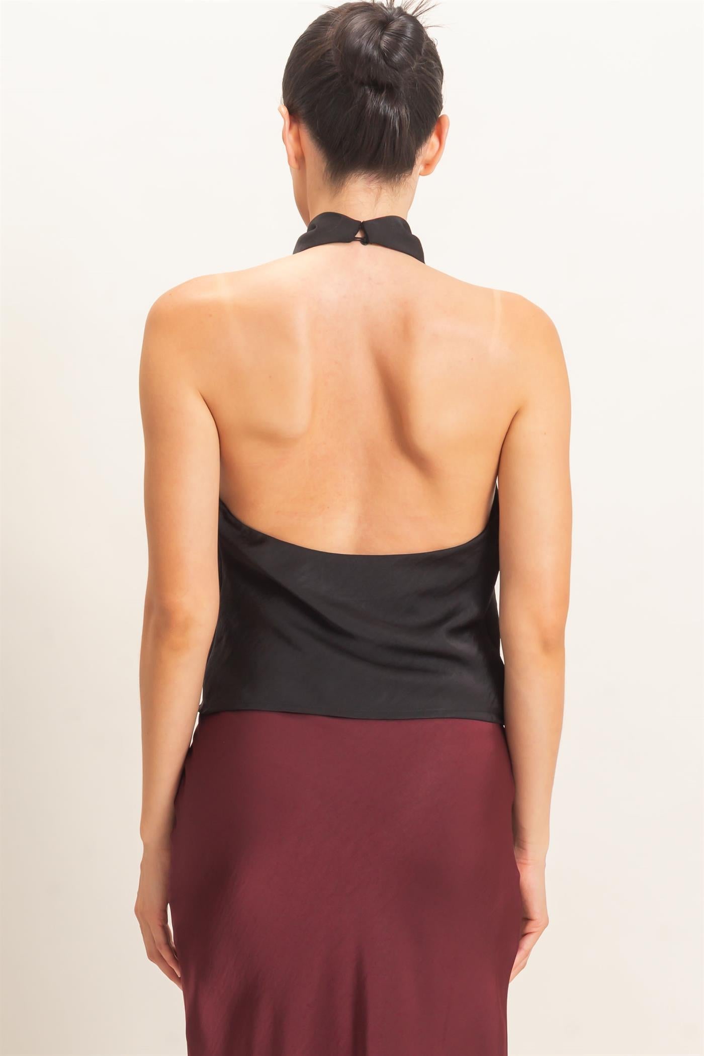 Wholesale Draped Halter Satin Top Blouses HF26E632 BLACK HYFVE