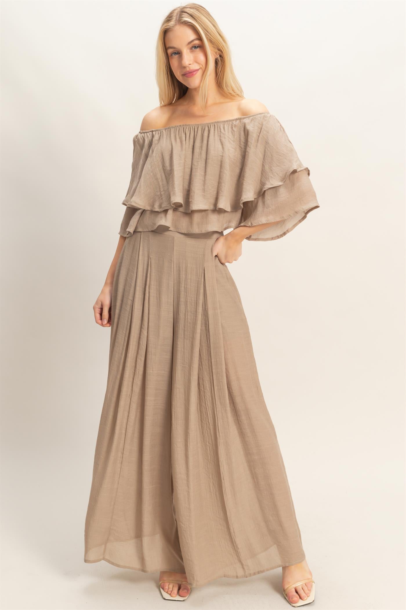 Wholesale Off Shoulder Top & Pleated Pant Set Clothing HF26C291-SET-D LIGHT MOCHA HYFVE