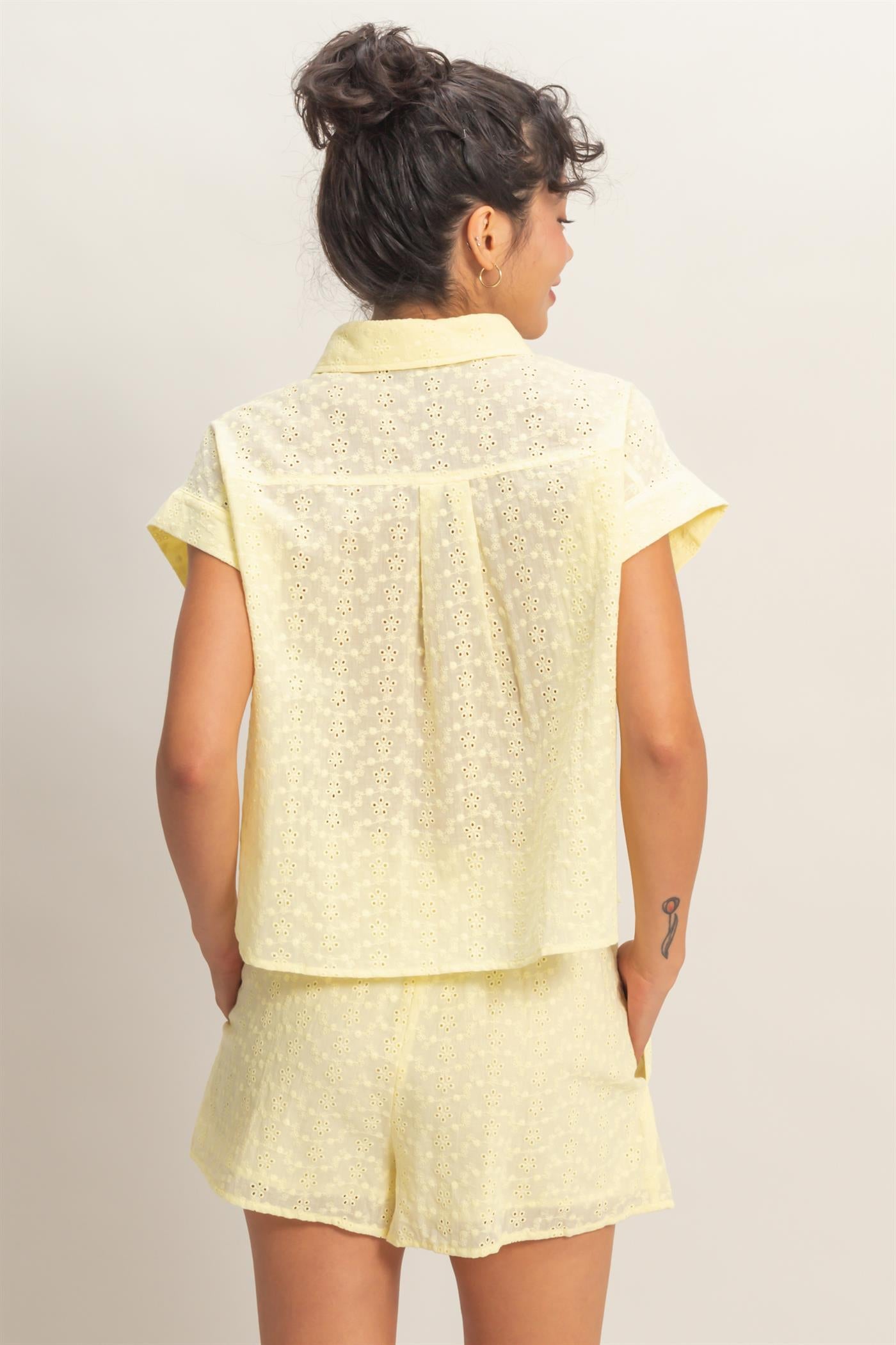 Wholesale Eyelet Dolman Short Sleeve Button Up Shirt Clothing Tops DZ26C088 PALE YELLOW DOUBLE ZERO