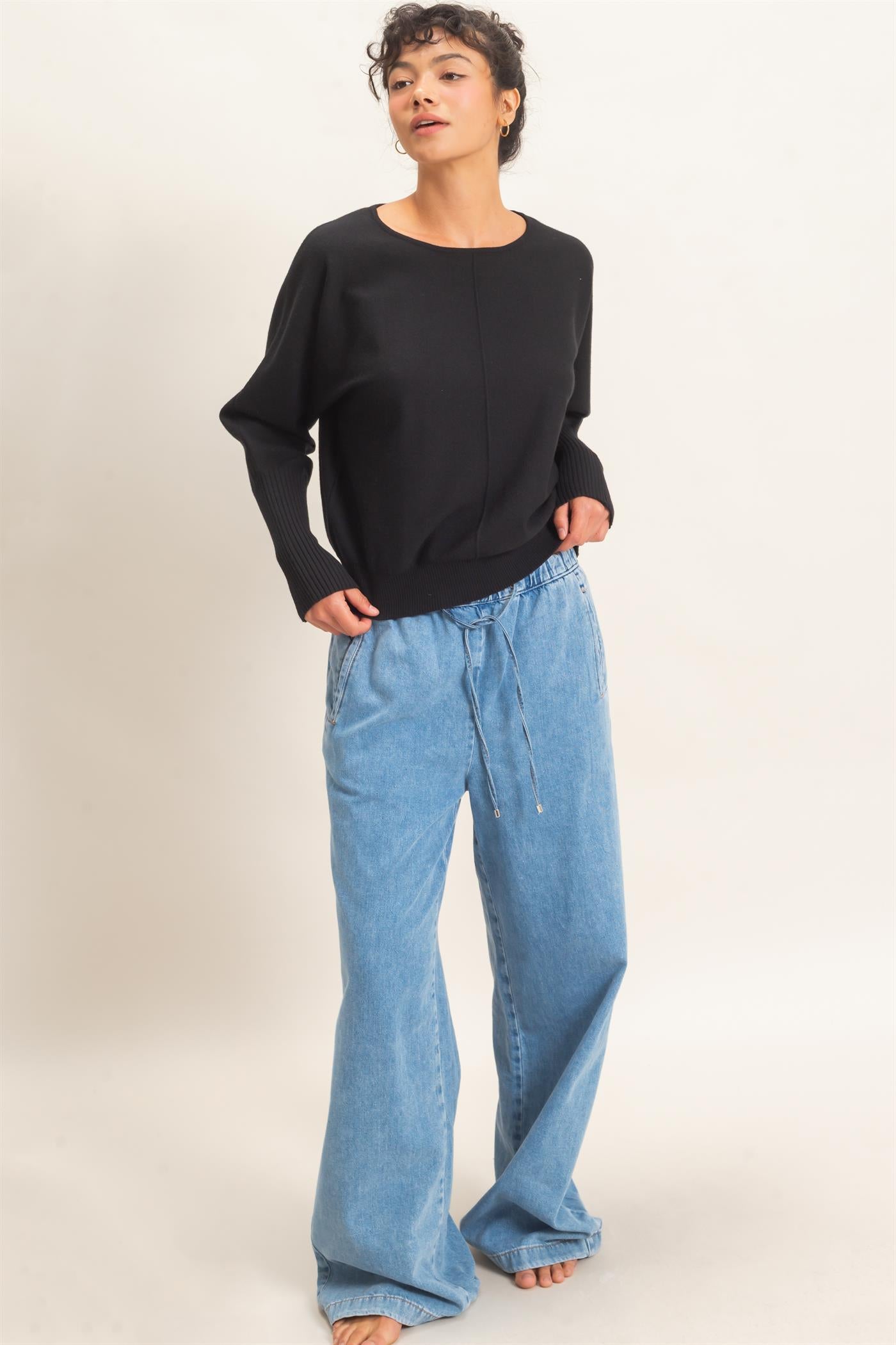 Wholesale Batwing Sleeve Center Seam Sweater Sweaters DZ26E079 BLACK DOUBLE ZERO