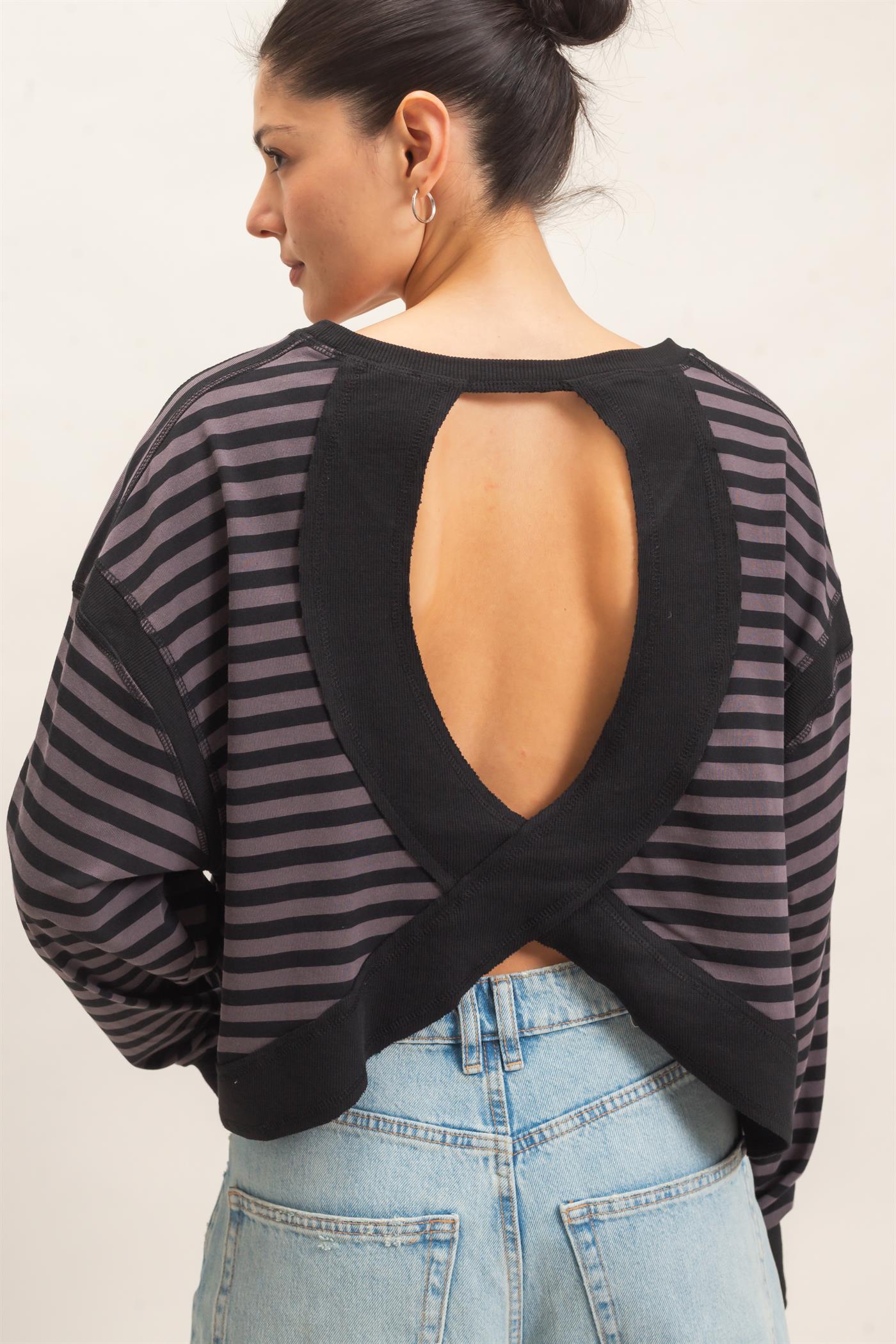 Wholesale Striped Long Sleeve Top Clothing Tops HF26C908-D CHARCOAL HYFVE