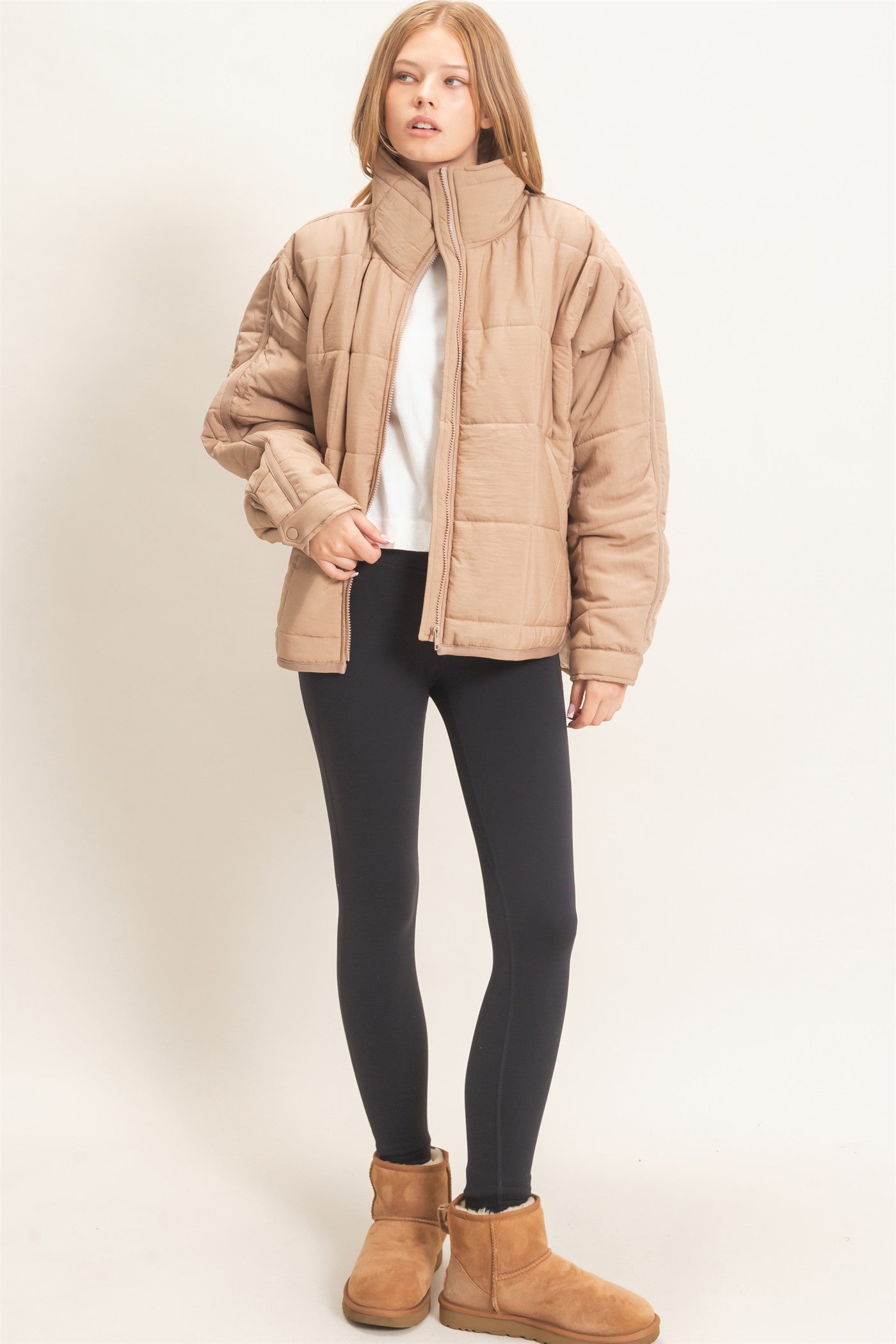 Wholesale Quilted Mock Neck Zip-Up Puffer Jacket Coats & Jackets HF26C865 LIGHT BROWN HYFVE