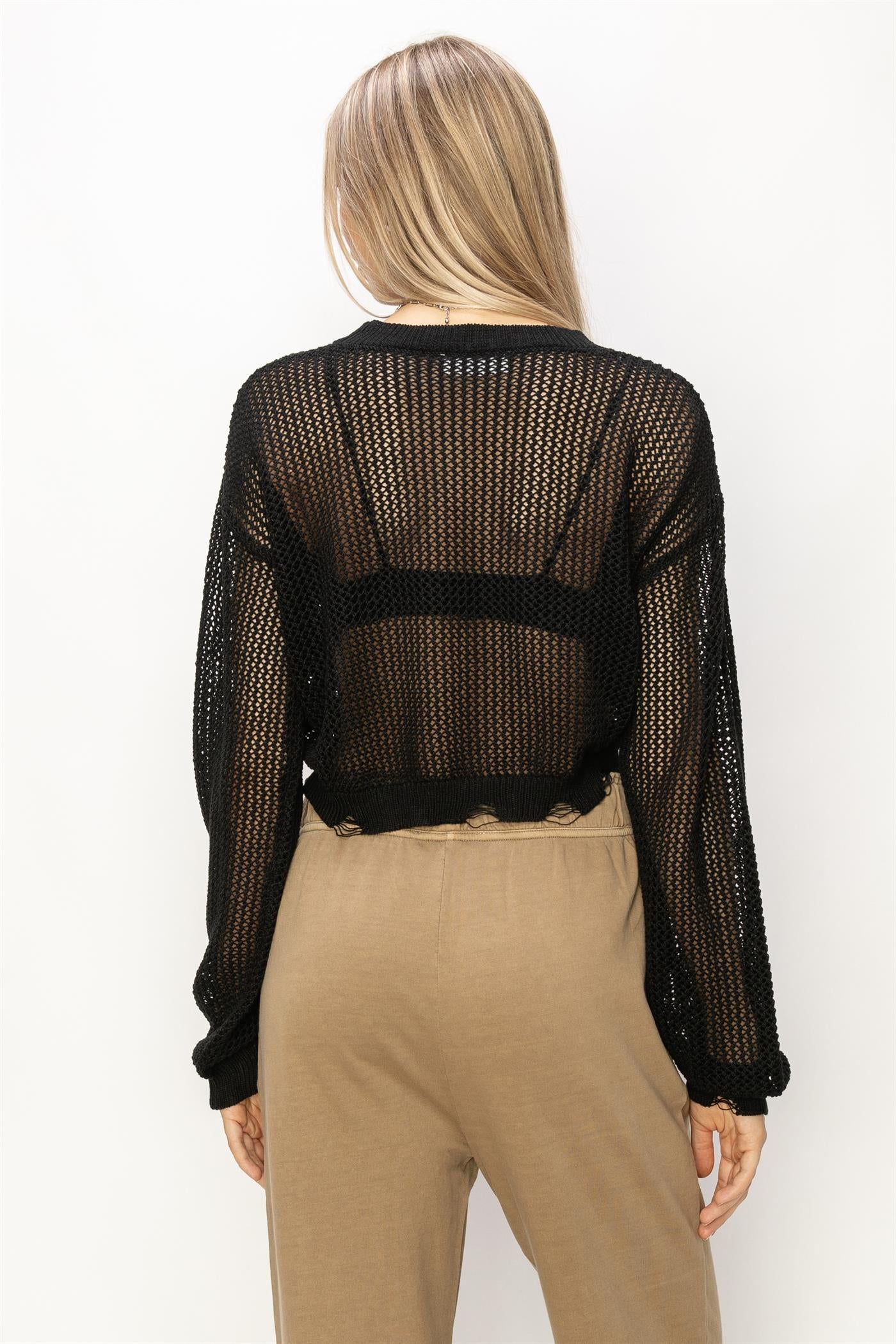 Wholesale Distressed Knit Sweater Clothing Tops DZ24C038 BLACK DOUBLE ZERO