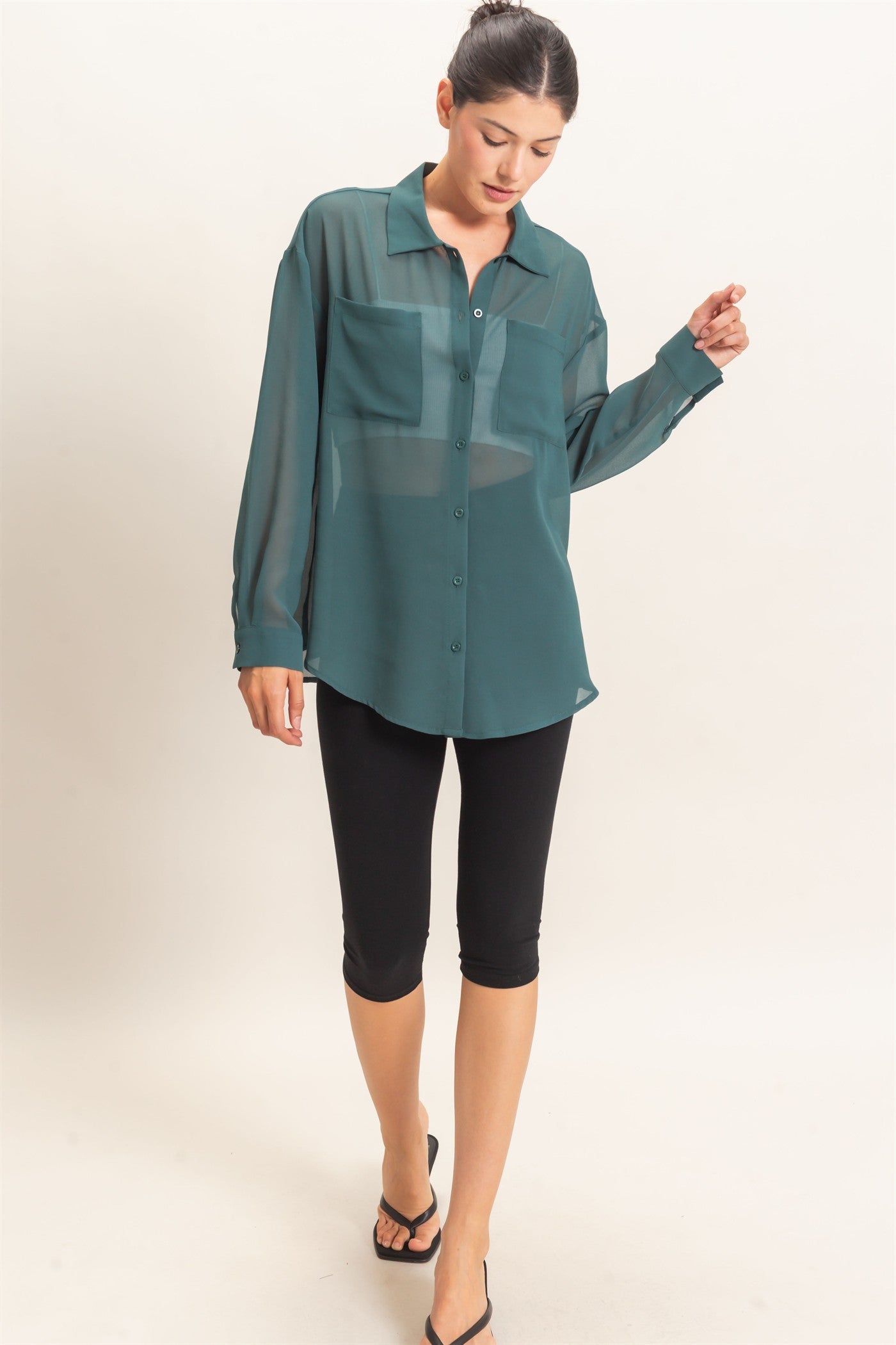 Wholesale Button-Down Collar Blouse Shirts HF26F067 TEAL GREEN HYFVE