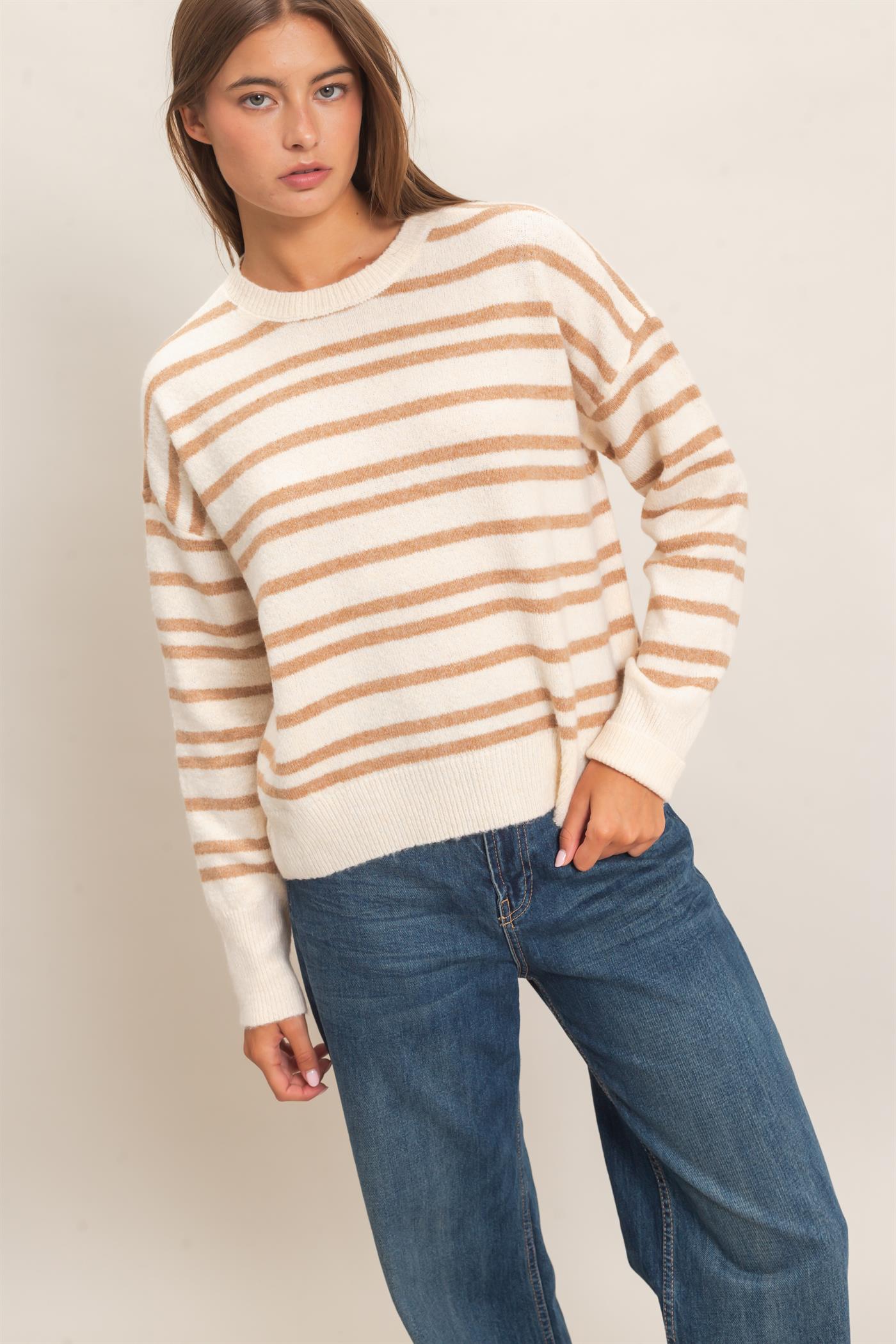 Wholesale Striped Crew Neck Sweater Sweaters DZ26E389 TAUPE DOUBLE ZERO