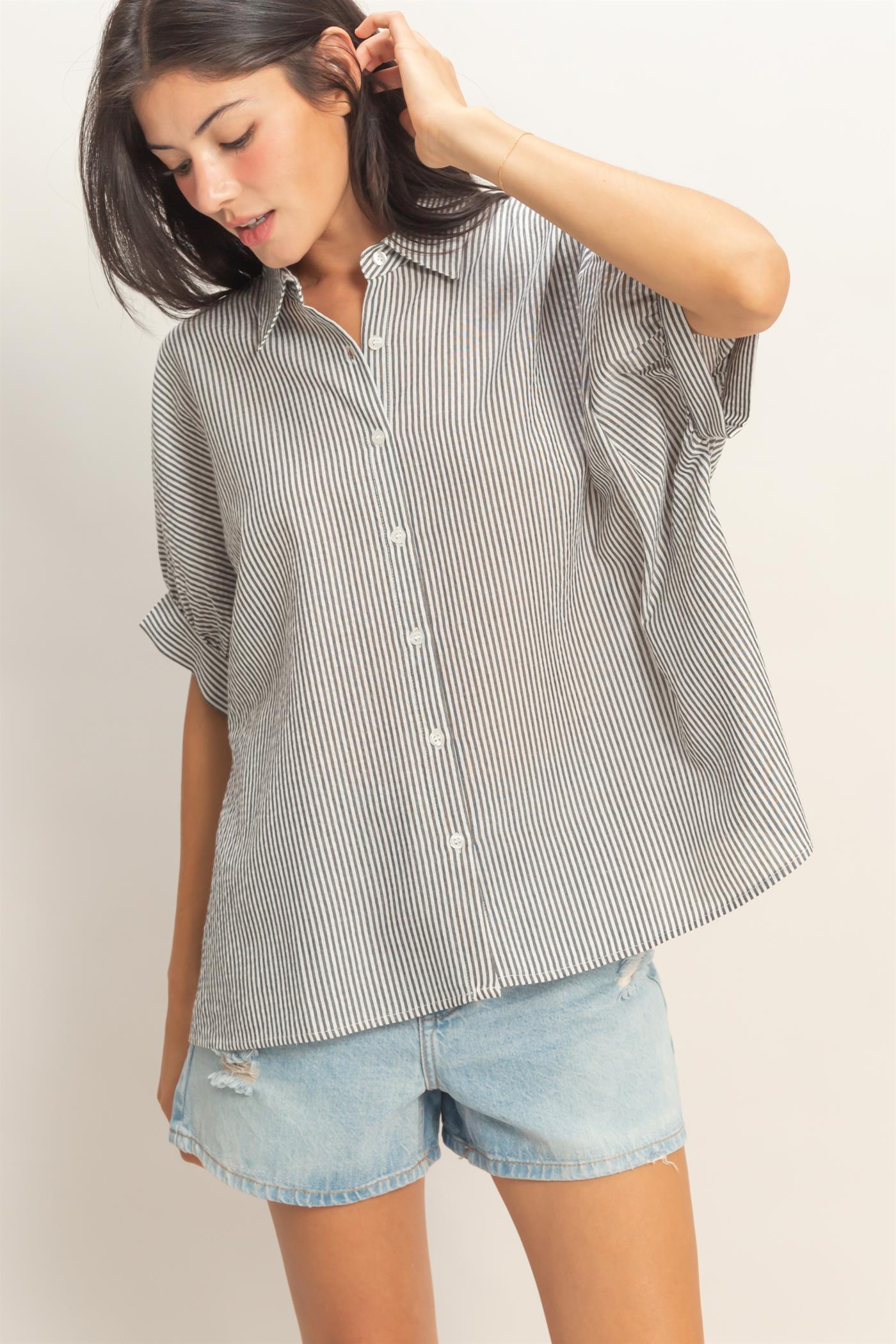 Wholesale Striped Short Sleeve Button-Front Blouse T-Shirts DZ26C276 BLACK DOUBLE ZERO