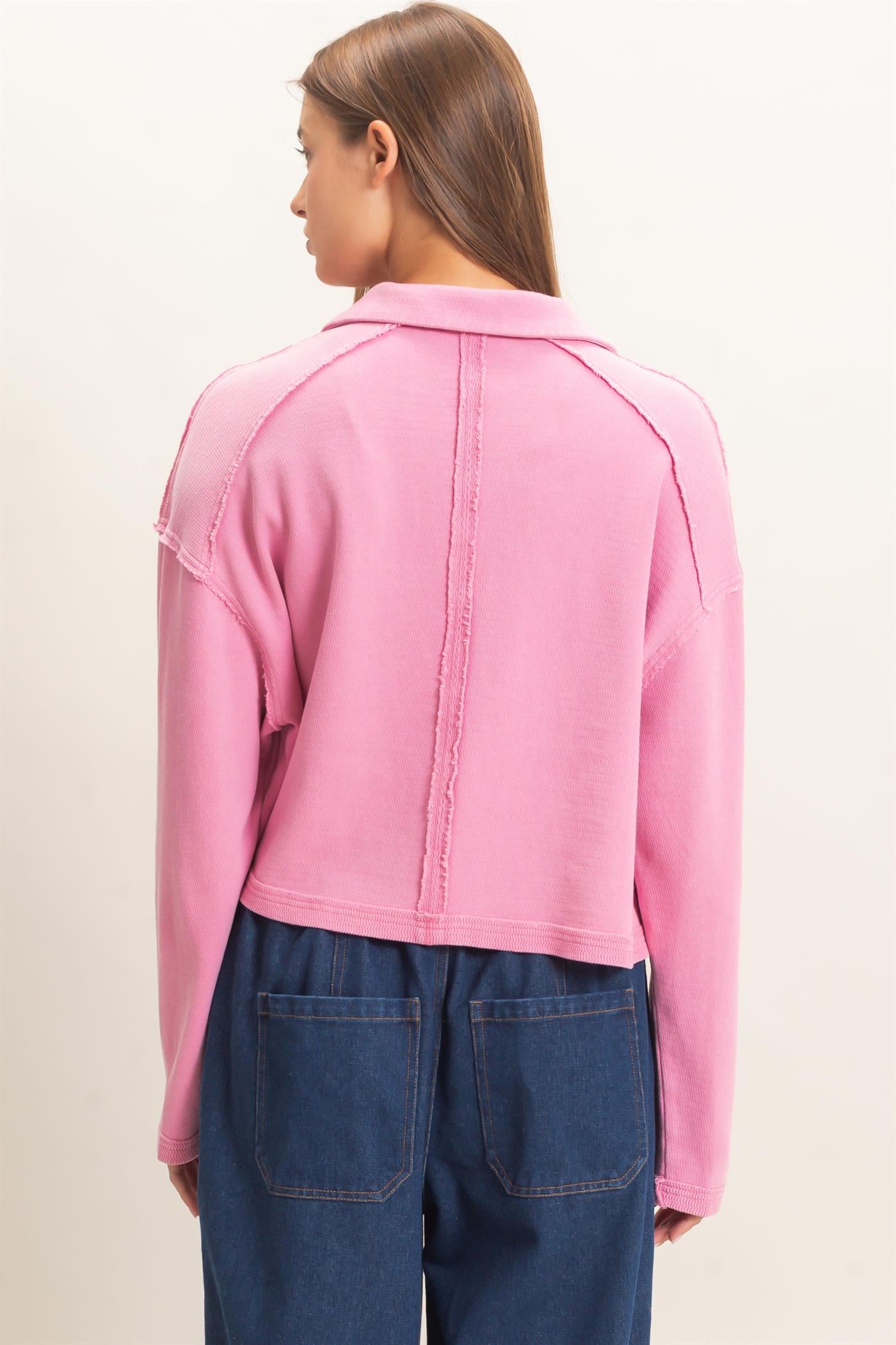 Wholesale Mineral Wash Textured Collar Top Polos DZ26E814 PINK DOUBLE ZERO