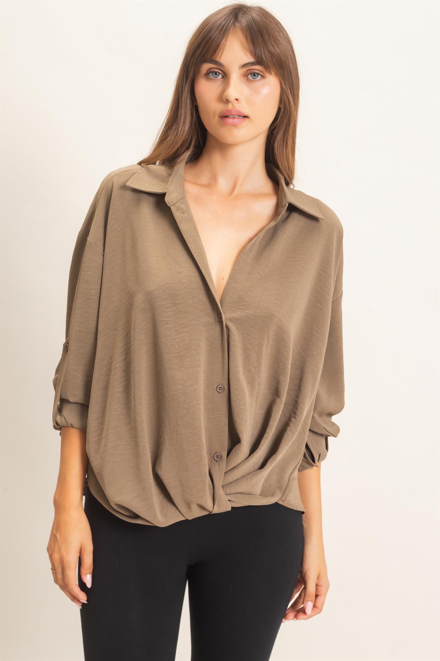 Wholesale Button-Up Dolman Sleeve Top Shirts HF26F070 OLIVE HYFVE